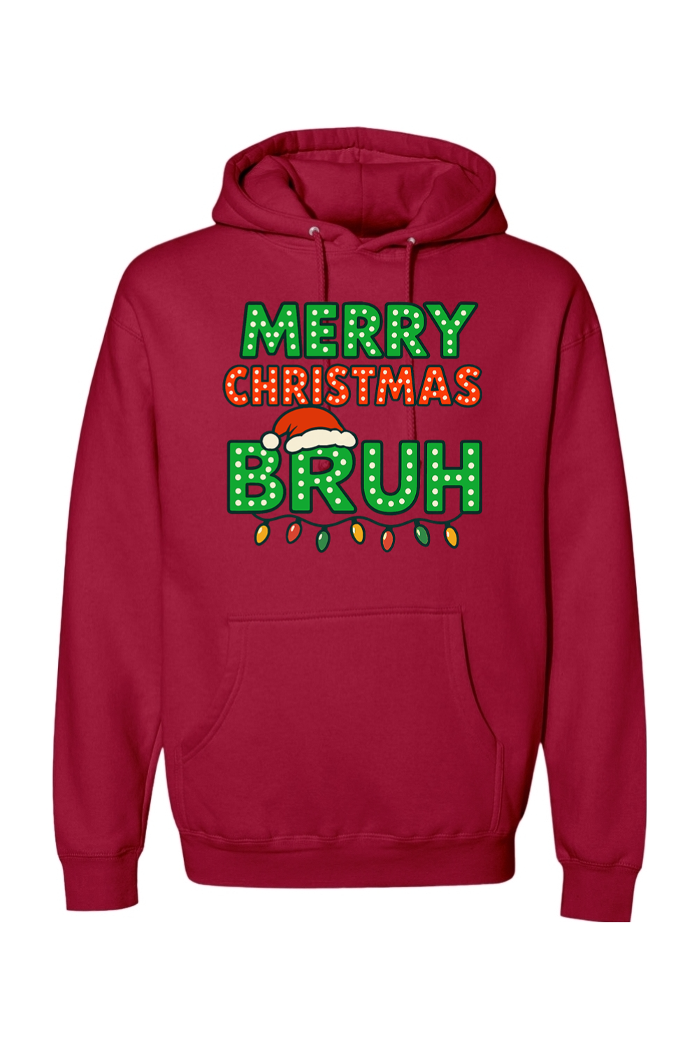Red Christmas hoodie with "Merry Christmas Bruh" text with a Santa hat and Christmas lights design funny holiday humor long sleeve hooded sweatshirt