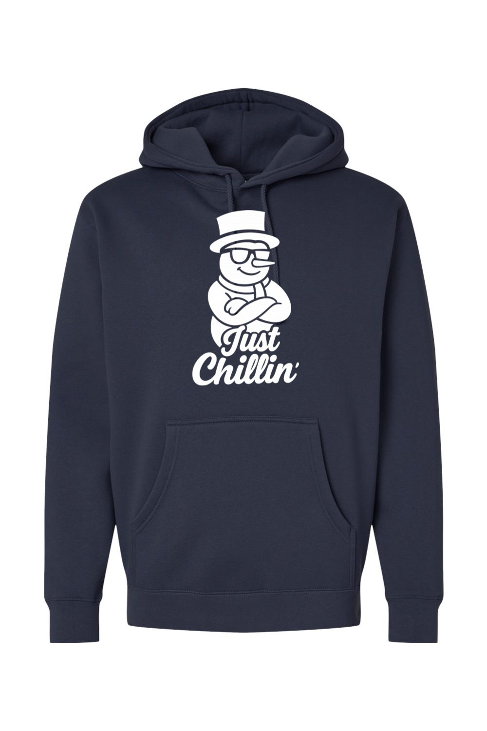 Navy blue Christmas hoodie with "Just Chillin'" text in white with a snowman wearing sunglasses and arms crossed design funny holiday humor long sleeve hooded sweatshirt