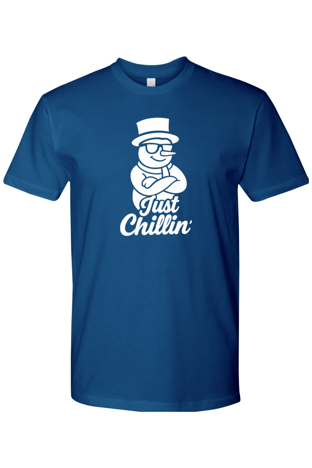 Blue Christmas t-shirt with "Just Chillin'" text in white with a snowman wearing sunglasses and arms crossed design funny holiday humor short sleeve shirt