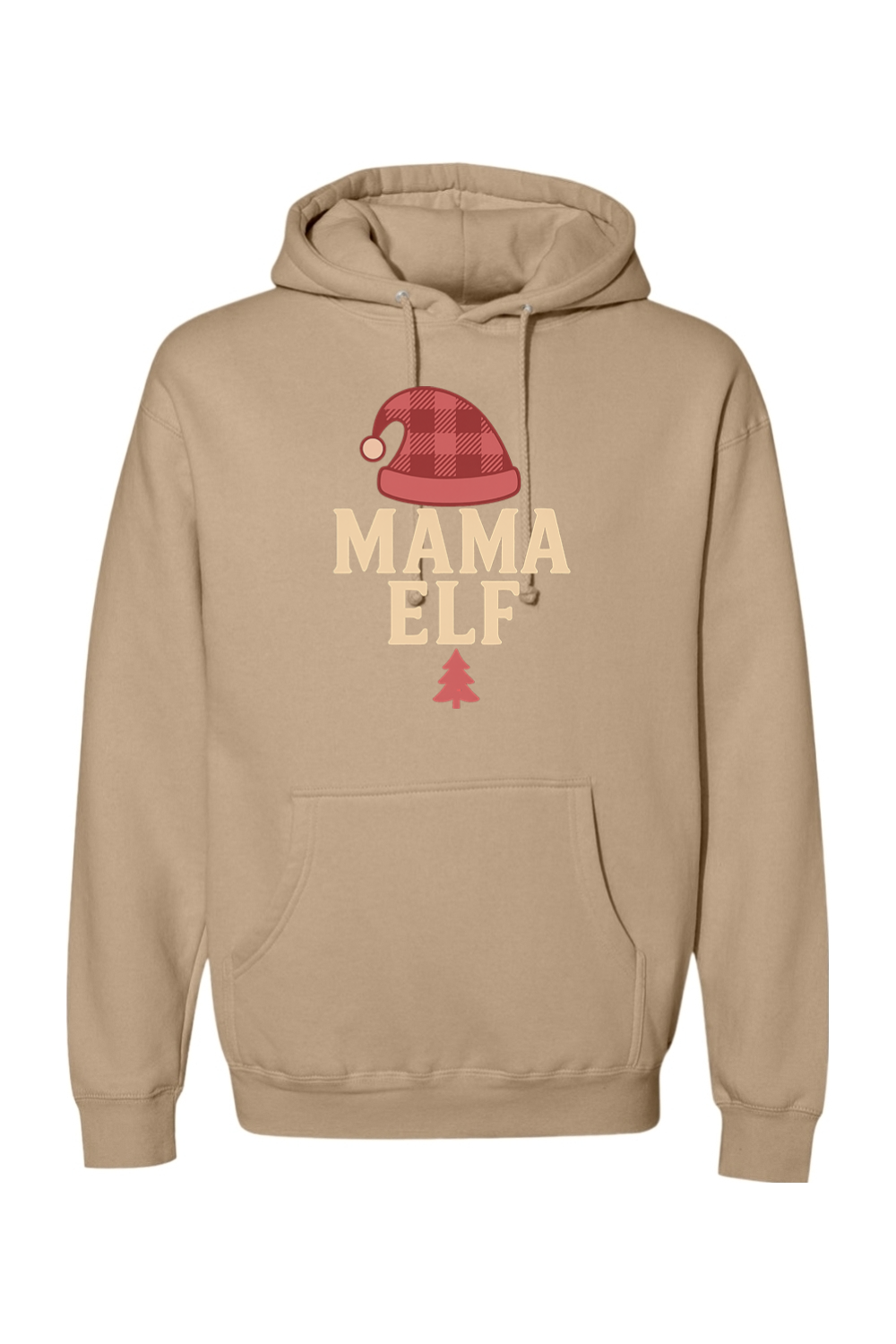 Dark beige Christmas hoodie with "Mama Elf" text with an elf hat and pine tree design cute trendy women's long sleeve hooded sweatshirt