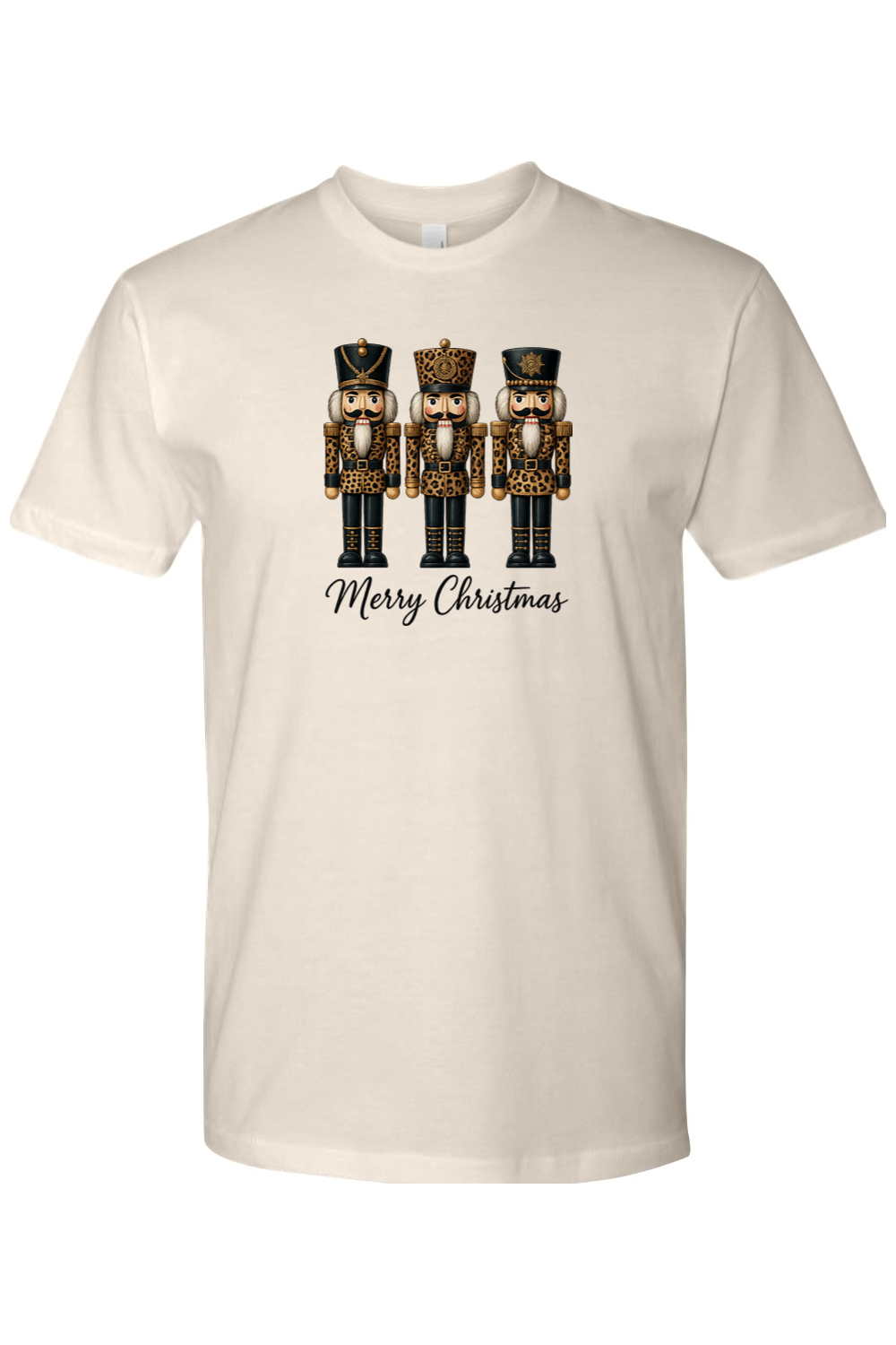 Beige cream Christmas t-shirt with "Merry Christmas" text and three leopard print nutcrackers cute trendy girly festive holiday short sleeve shirt