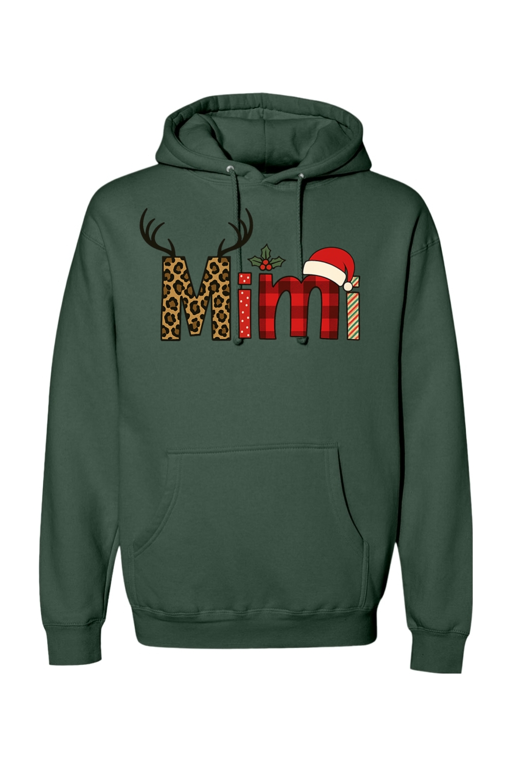 Pine green Christmas hoodie with "Mimi" text antler design and the letters filled with leopard print, plaid, polka dots, and stripes cute grandma festive holiday long sleeve hooded sweatshirt