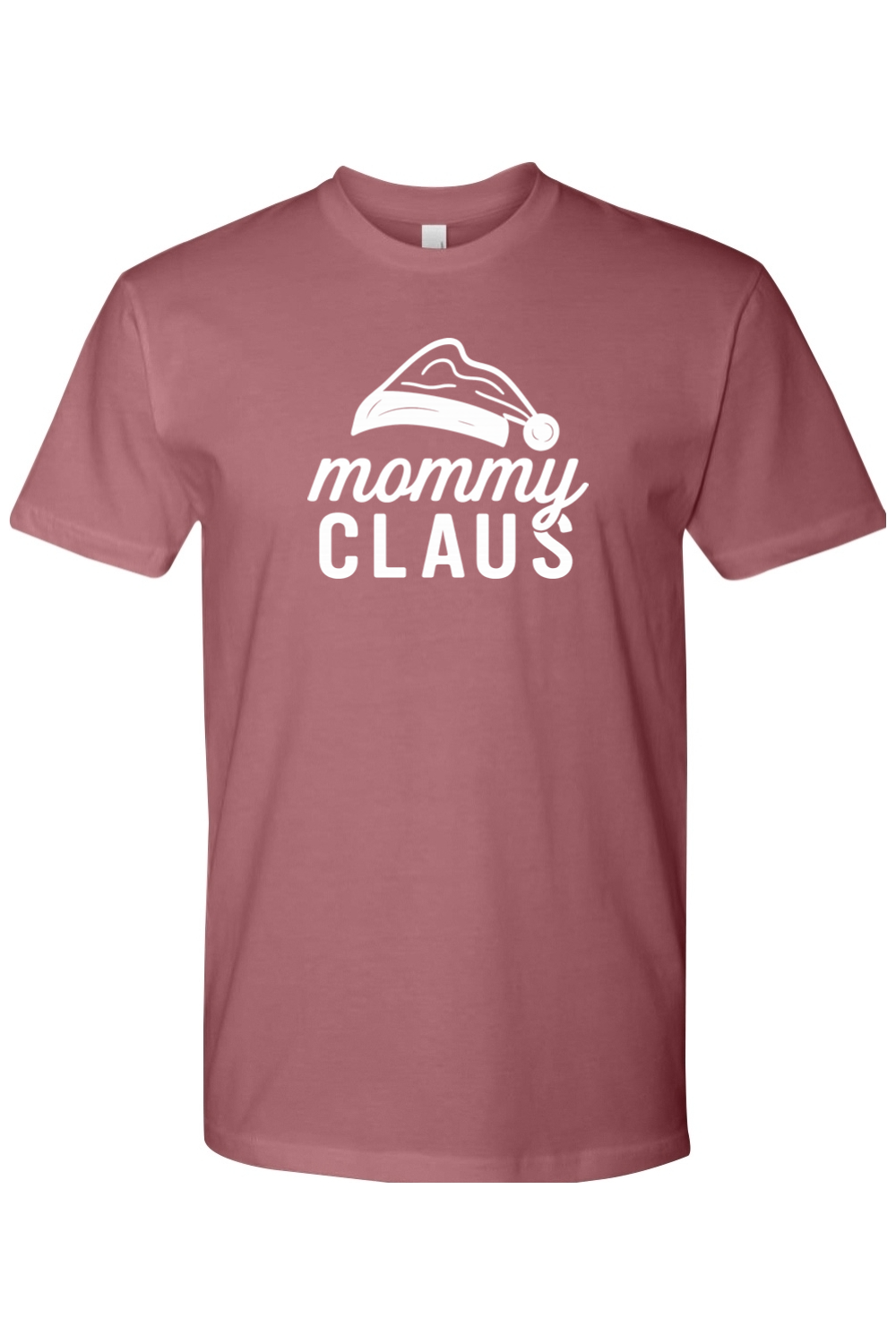 Mauve dark pink Christmas t-shirt with "mommy claus" text and a Santa hat design cute funny trendy mom holiday short sleeve shirt