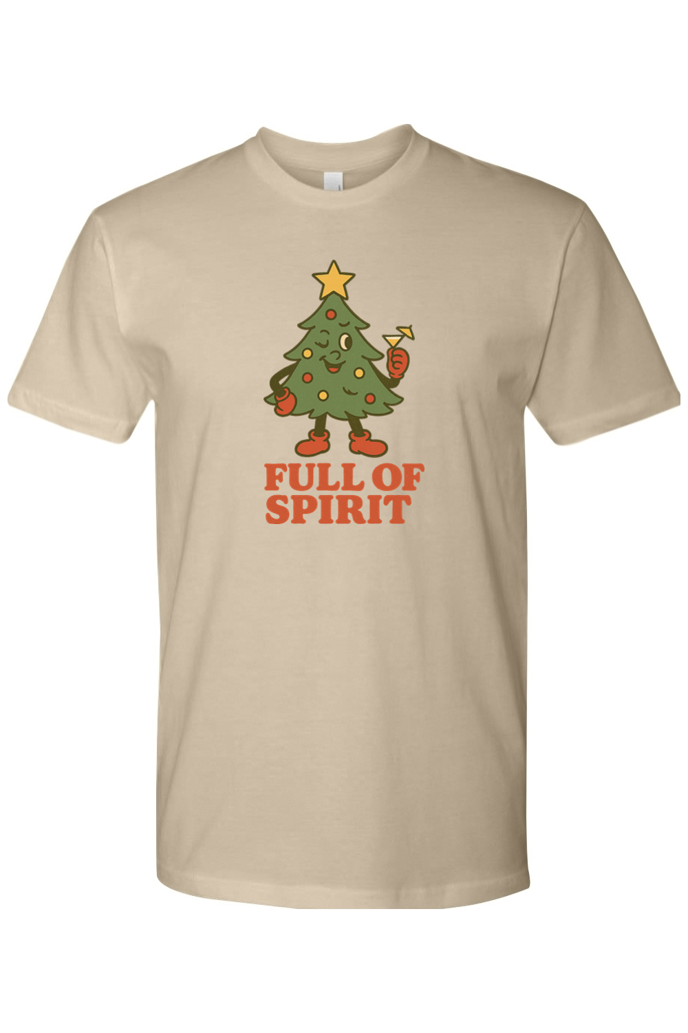 Dark beige vintage Christmas t-shirt with "Full of Spirit" text with a Christmas tree holding a cocktail funny cute holiday humor short sleeve shirt