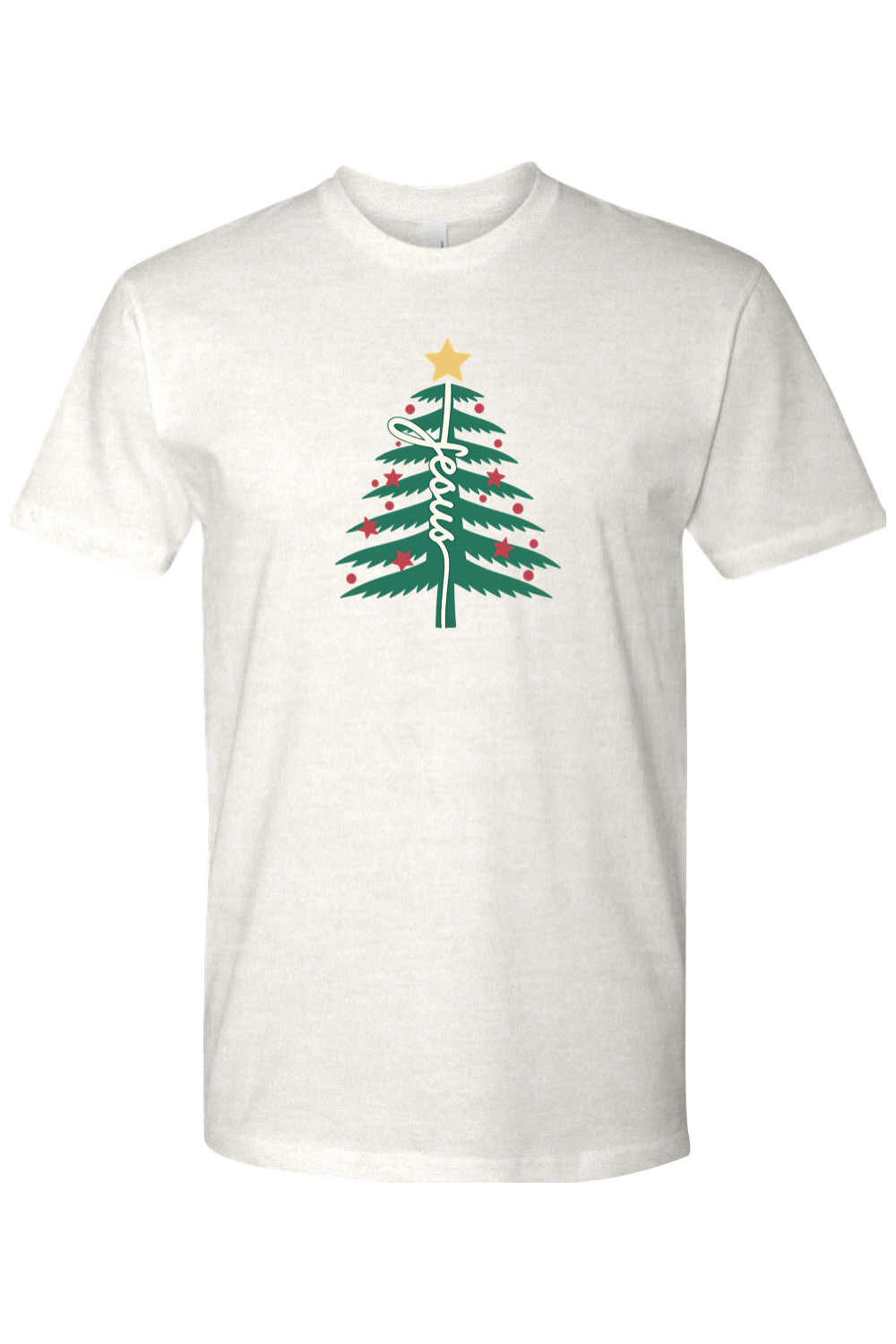 Light cream Christmas t-shirt with "Jesus" text in a Christmas tree design festive religious God Christian holiday short sleeve shirt