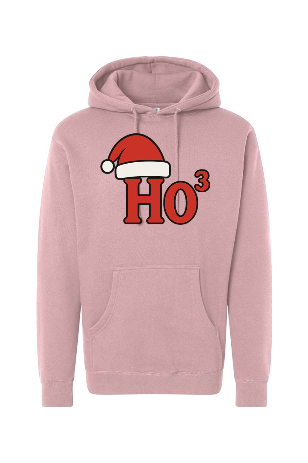 Pink Christmas hoodie with "Ho³" text in red with a Santa hat design funny holiday humor long sleeve hooded sweatshirt