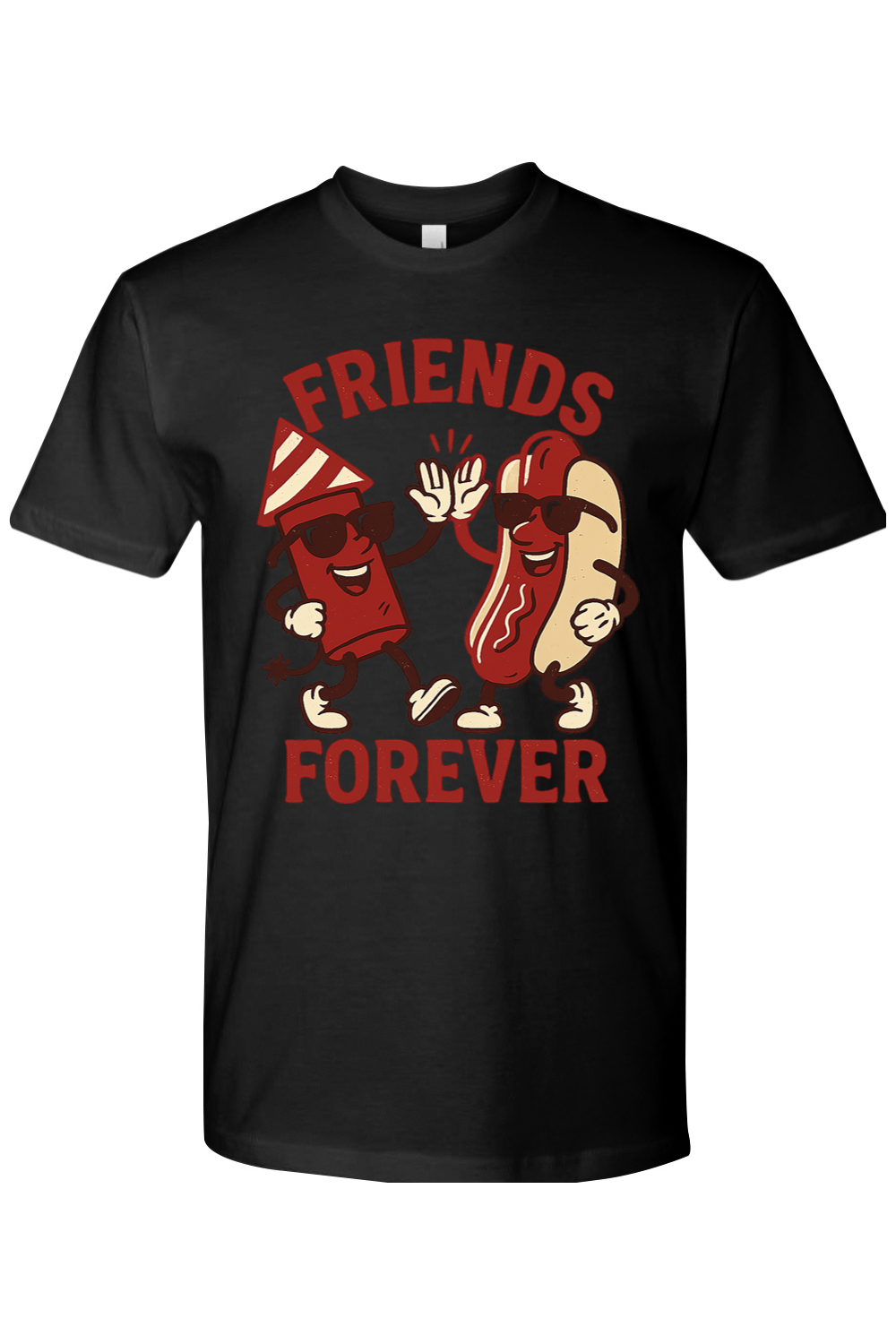 Black t-shirt with 'Friends Forever' graphic design featuring hot dogs high fiving each other.