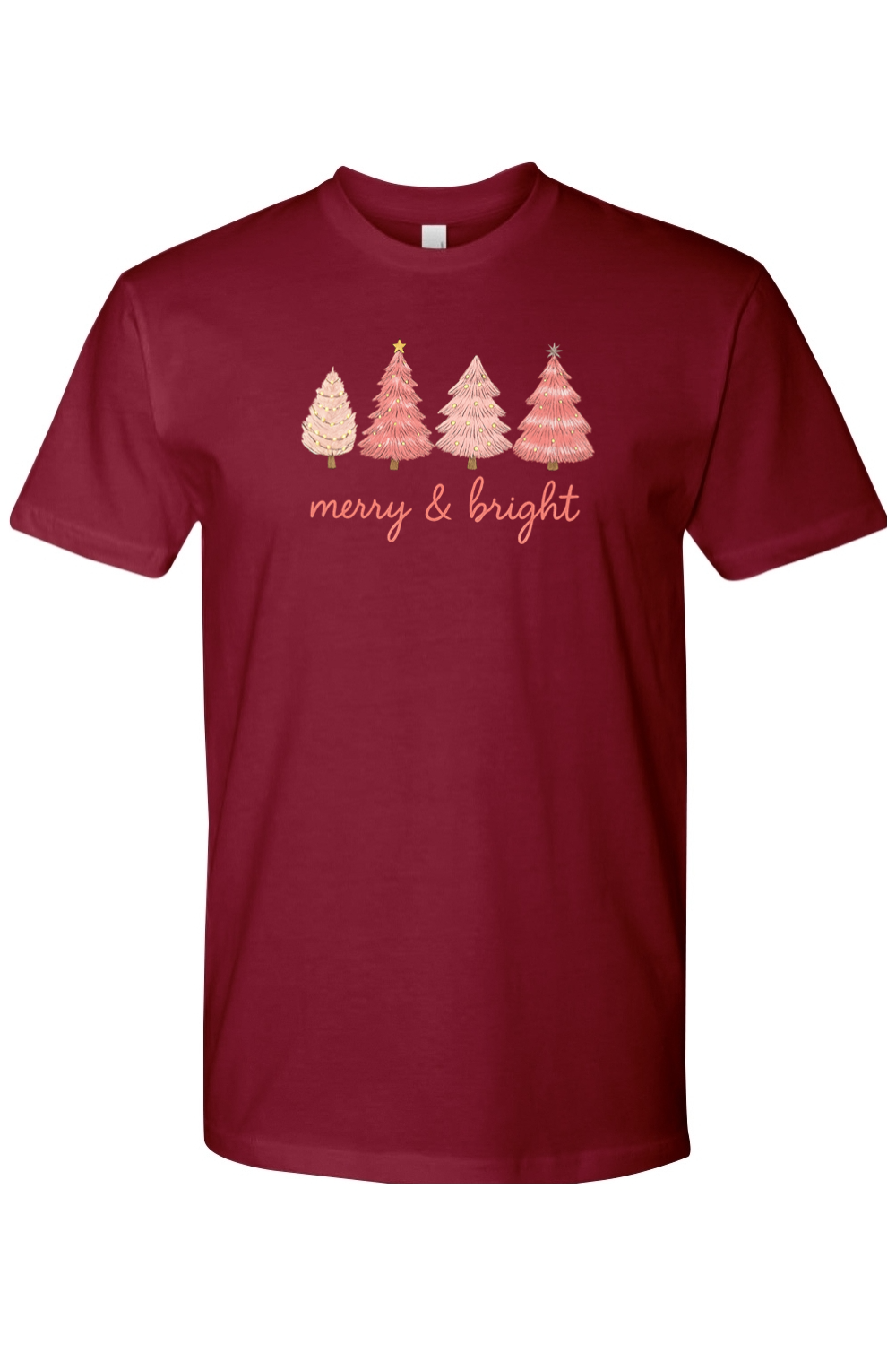 Burgundy Christmas t-shirt with "Merry & Bright" in pink and four pink Christmas trees designs cute girly trendy holiday short sleeve shirt
