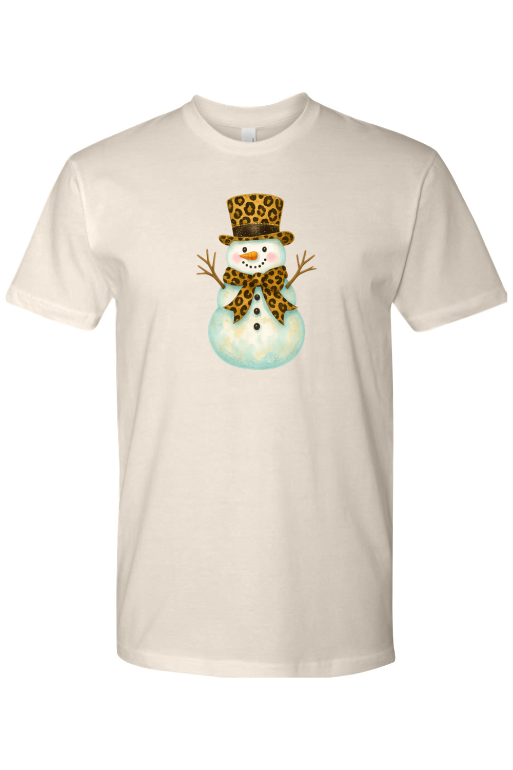 Beige Christmas shirt with a snowman in a leopard print bow and leopard print top hat design cute girly festive holiday short sleeve shirt