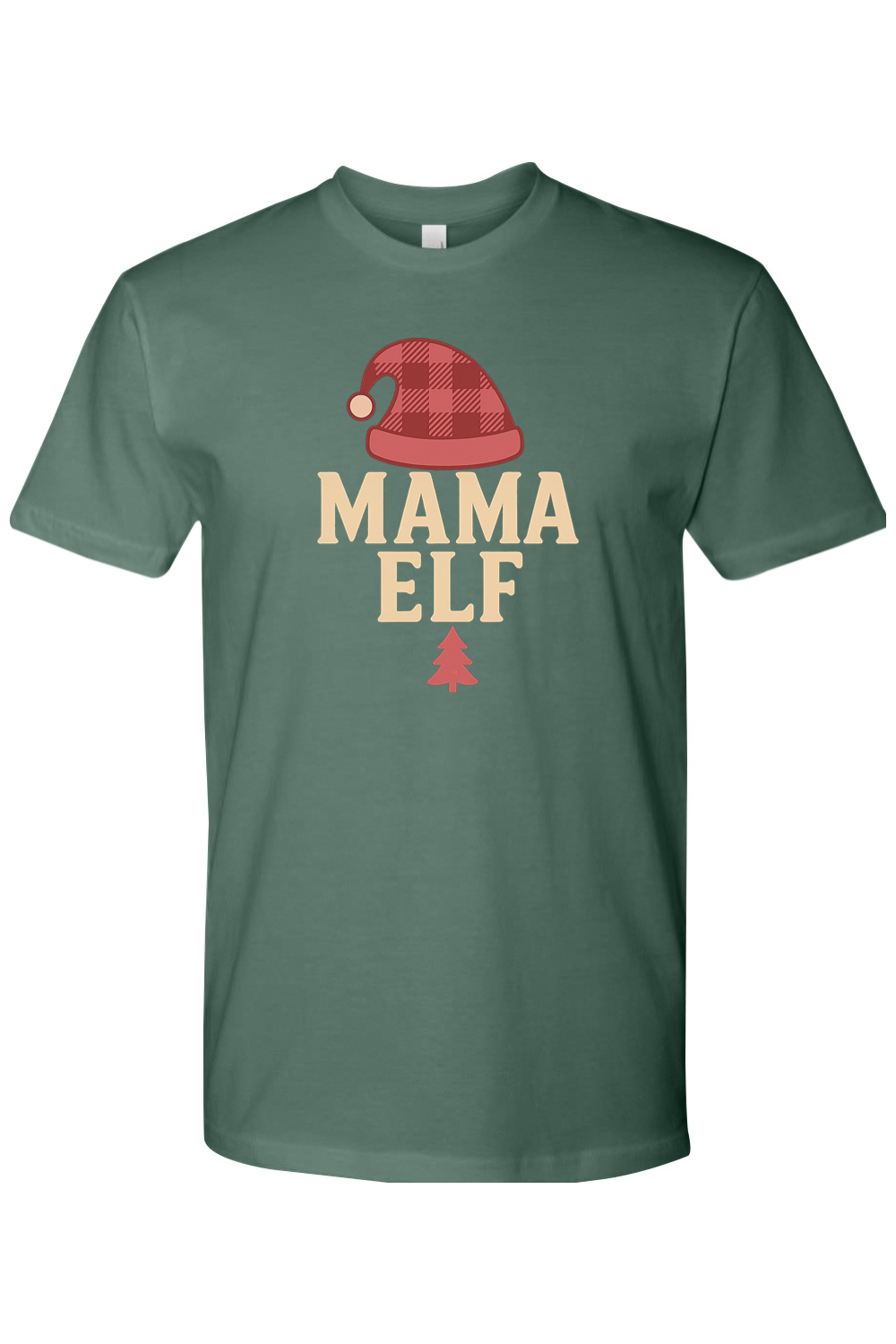 Pine green Christmas t-shirt with "Mama Elf" text and a plaid elf hat design and pine tree women's cute trendy holiday short sleeve shirt