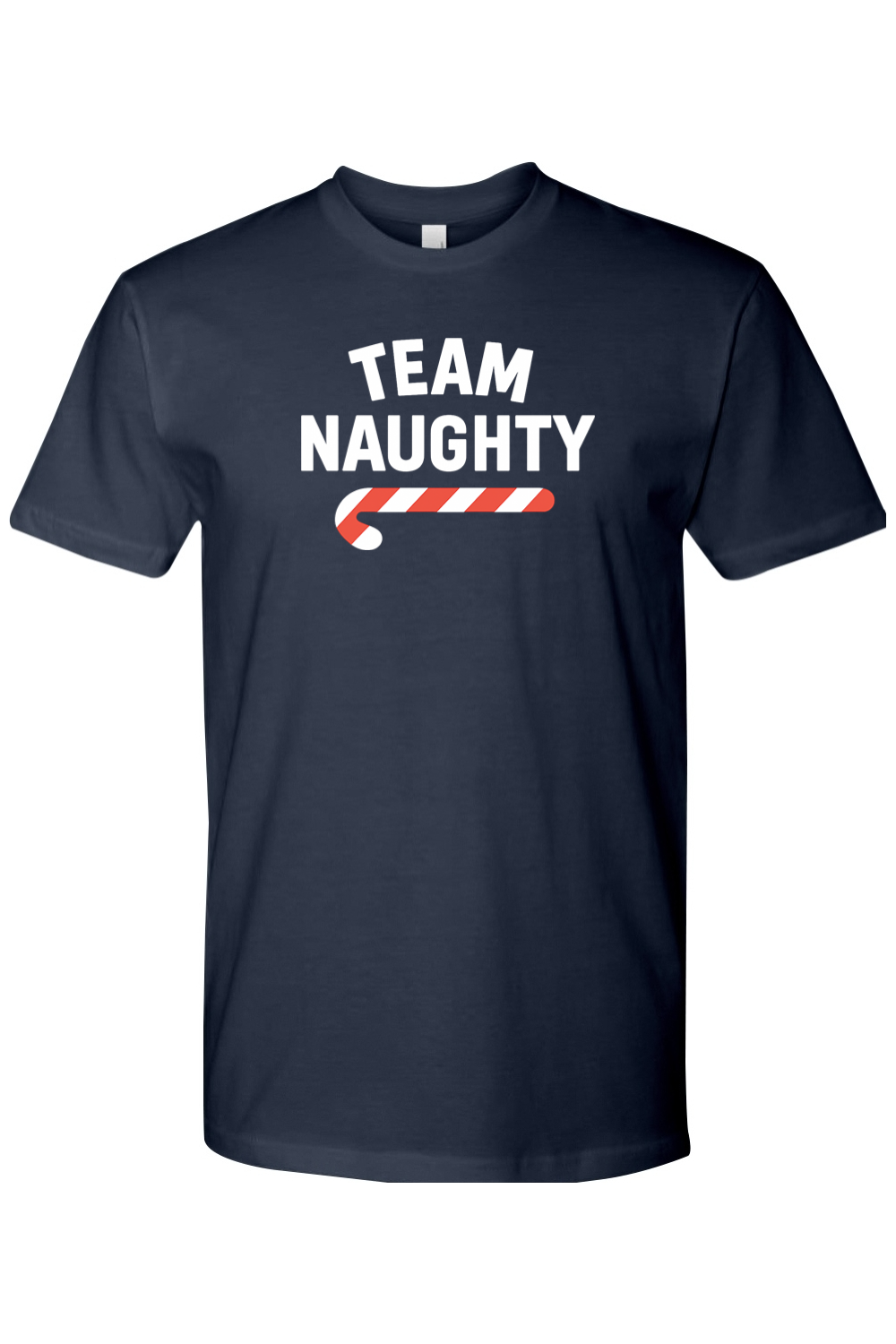 Navy blue Christmas t-shirt with "Team Naughty" text in white with a candy cane design funny sarcastic humor holiday short sleeve shirt