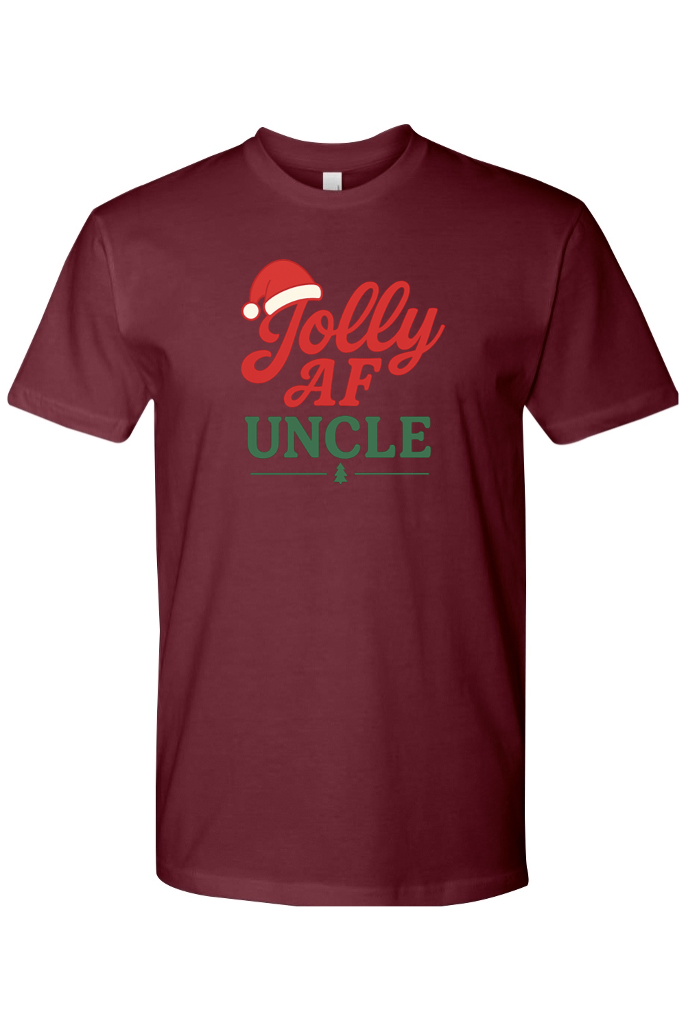 Maroon Christmas t-shirt with "Jolly AF Uncle" text with a Santa hat and Christmas tree design funny holiday humor short sleeve shirt