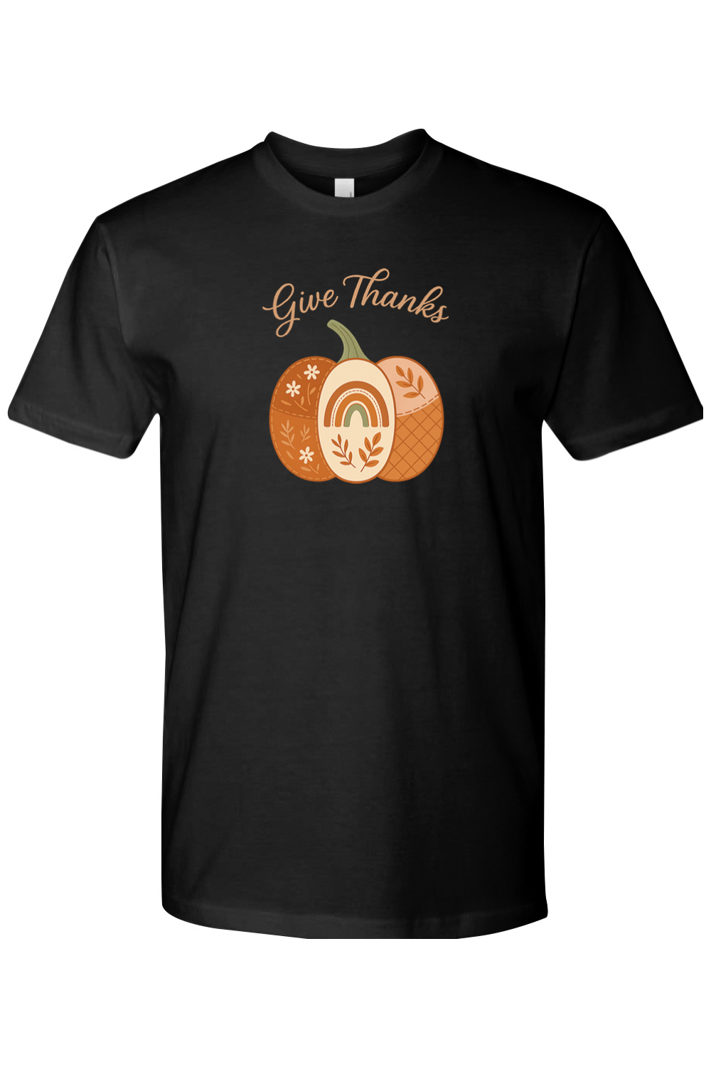 Black Thanksgiving t-shirt with "Give Thanks" text and a patchwork floral leaves rainbow pumpkin design cute vintage trendy fall holiday short sleeve shirt