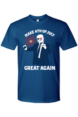 Blue t-shirt with graphic design of Donald Trump dancing with the text 