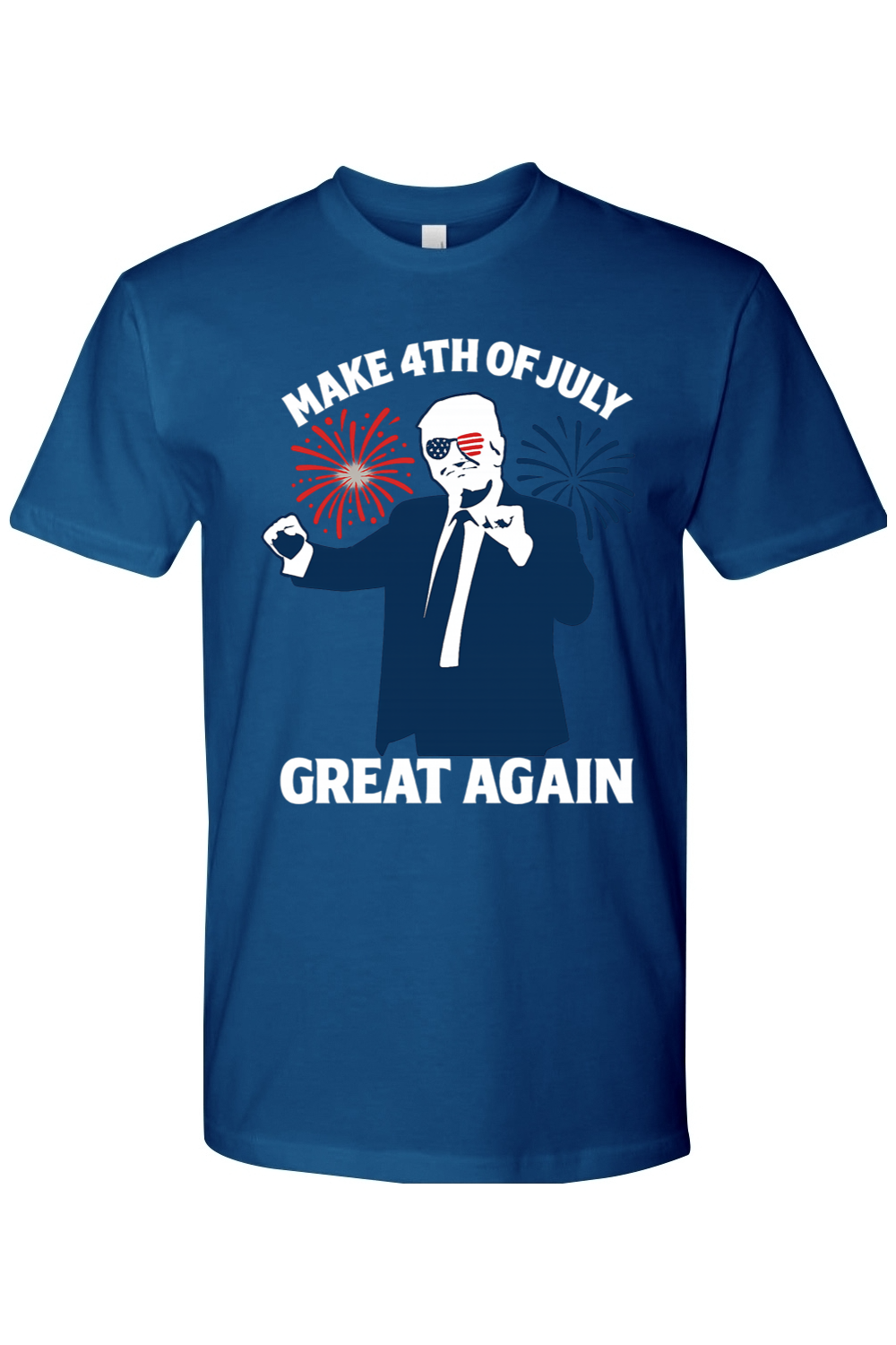 Blue t-shirt with graphic design of Donald Trump dancing with the text "Make 4th of July Great Again" and fireworks behind him.