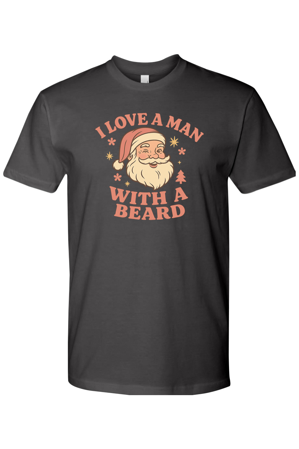 Dark gray Christmas t-shirt with "I Love A Man With A Beard" text in pink with Santa flowers stars and pine tree design cute women's trendy holiday short sleeve shirt