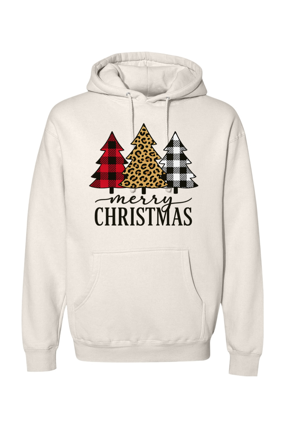 Beige Christmas hoodie with "Merry Christmas" text and a buffalo plaid, leopard print, and black and white plaid Christmas trees cute trendy festive holiday long sleeve hooded sweatshirt