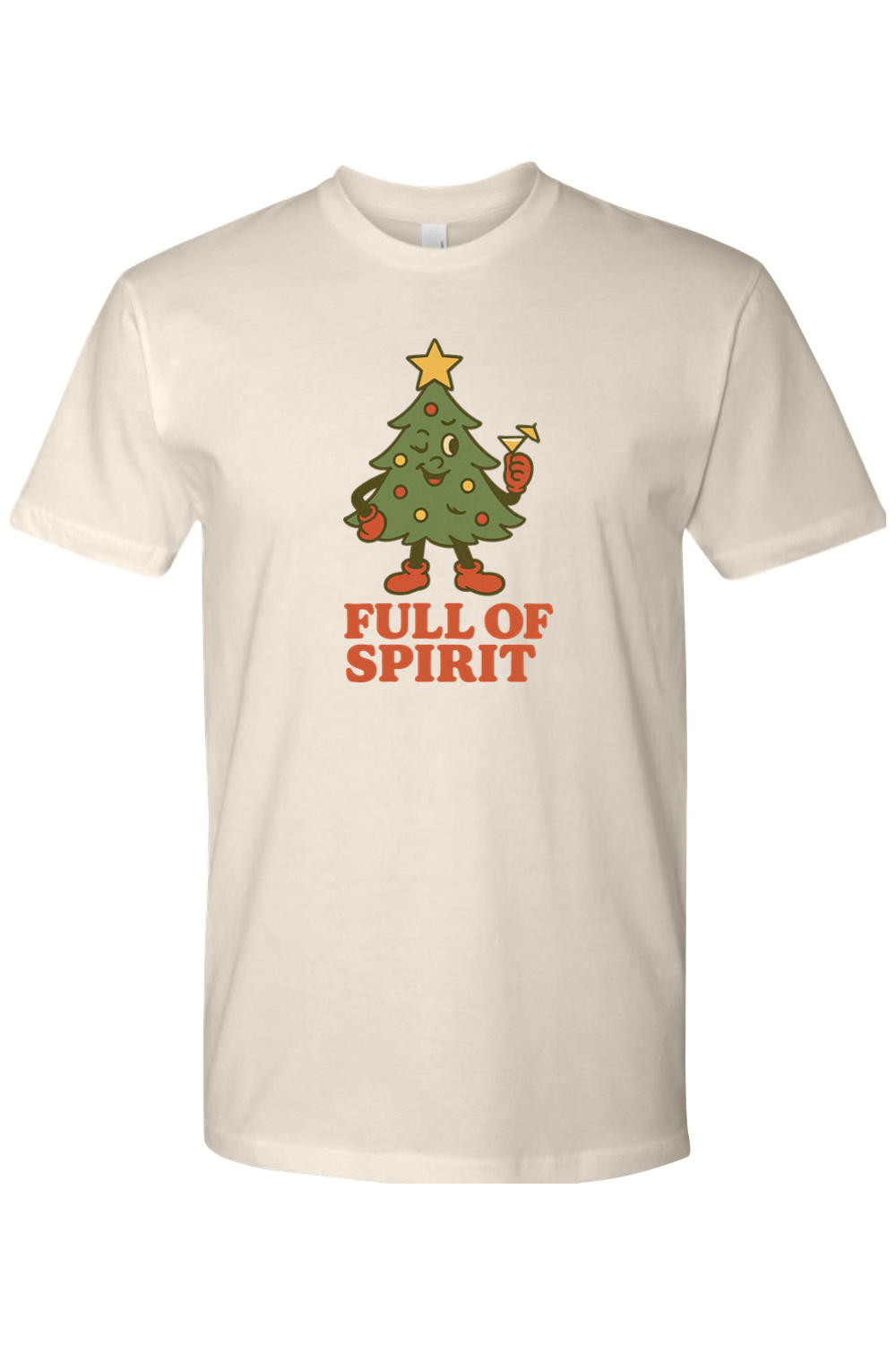 Cream vintage Christmas t-shirt with "Full of Spirit" text with a Christmas tree holding a cocktail funny cute holiday humor short sleeve shirt