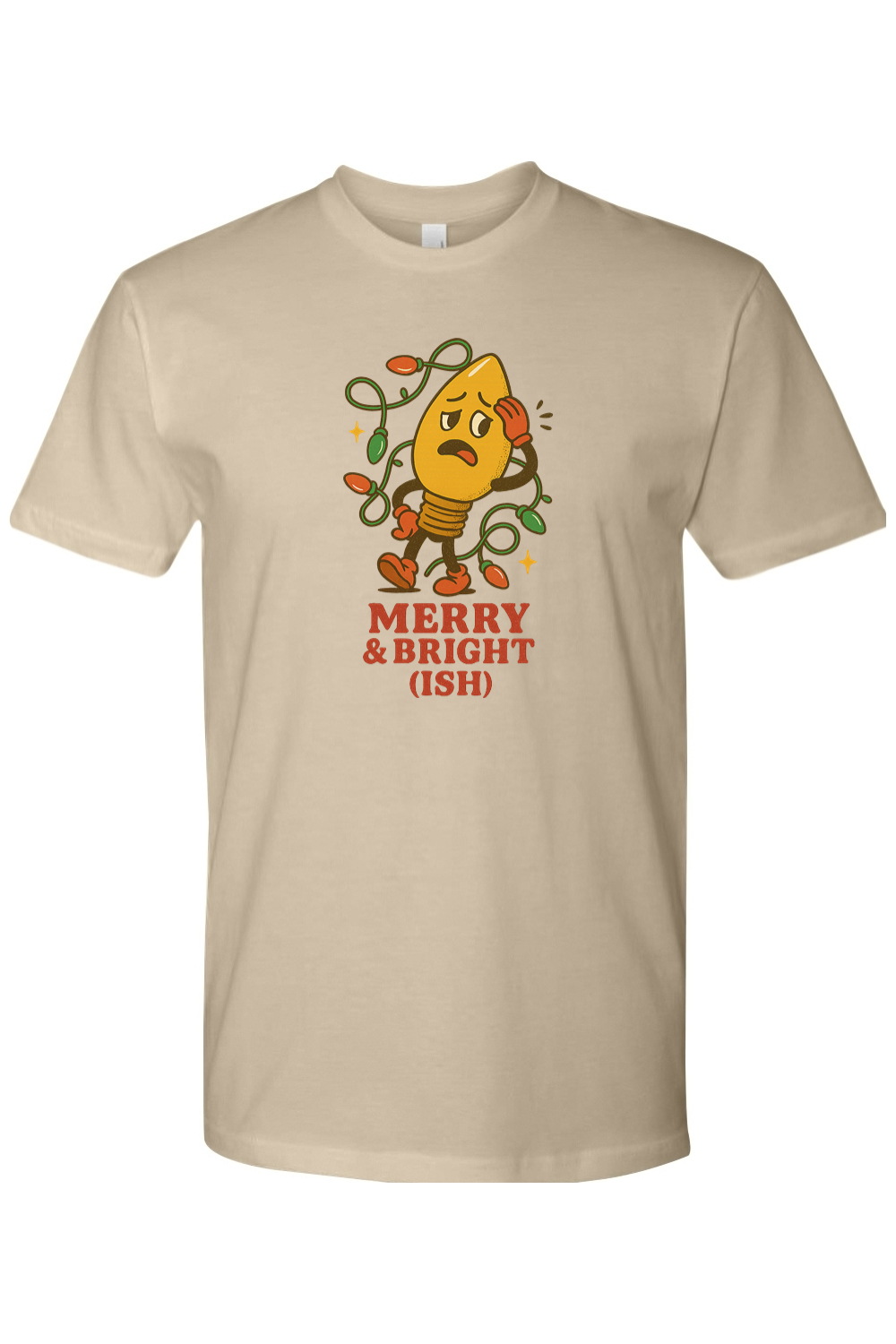 Dark beige vintage Christmas t-shirt with "Merry & Bright (Ish)" text in red with a worried Christmas tree light bulb design funny sarcastic holiday humor short sleeve shirt
