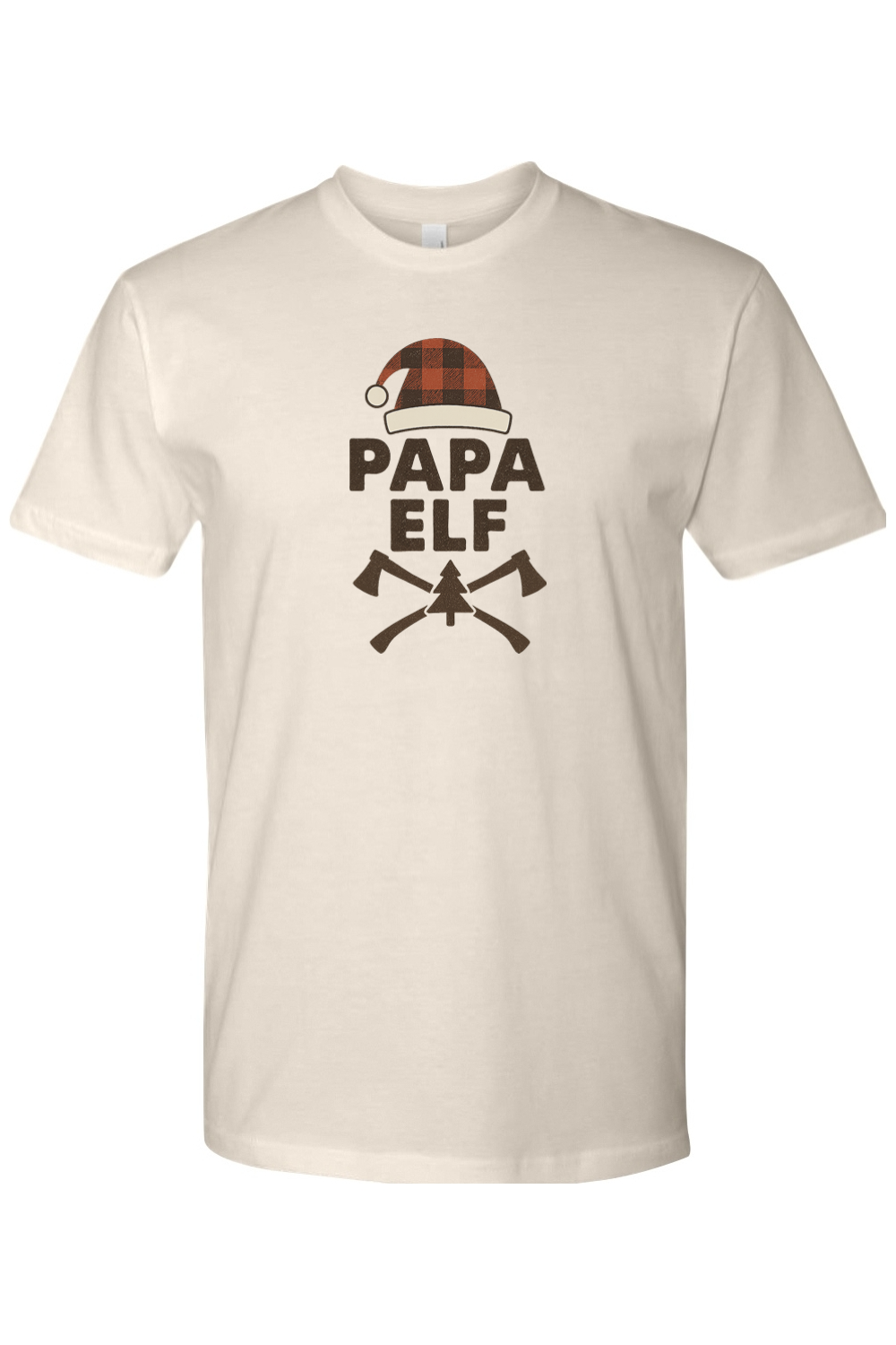 Beige Christmas t-shirt with "Papa Elf" text with a plaid elf hat and pine tree and axe design festive men's holiday short sleeve shirt