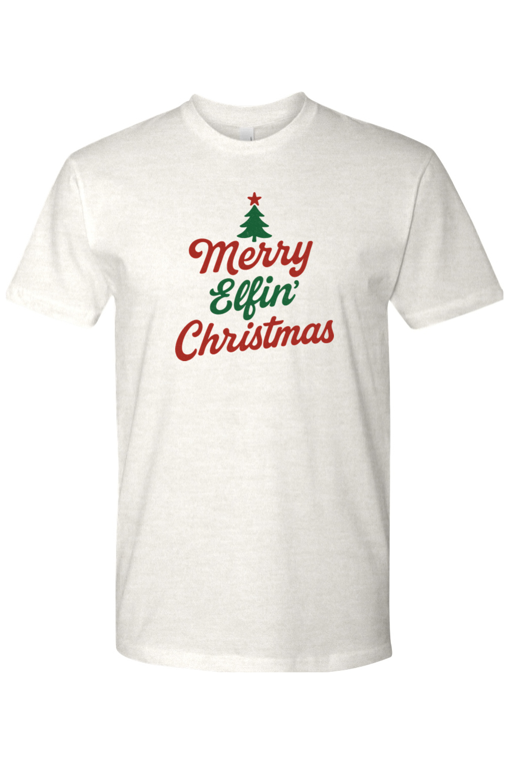 Light cream Christmas t-shirt with "Merry Elfin' Christmas" text in cursive with a Christmas tree design funny sarcastic holiday humor short sleeve shirt