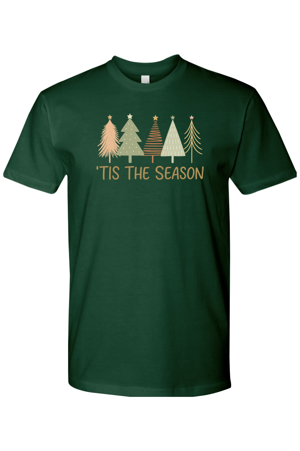 Dark green Christmas t-shirt with "'Tis the Season" text and pastel colored Christmas trees design cute trendy festive holiday short sleeve shirt