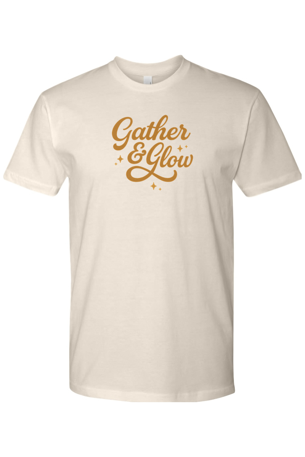Beige cream Thanksgiving t-shirt with "Gather & Glow" text in a cursive font cute trendy fall holiday short sleeve shirt
