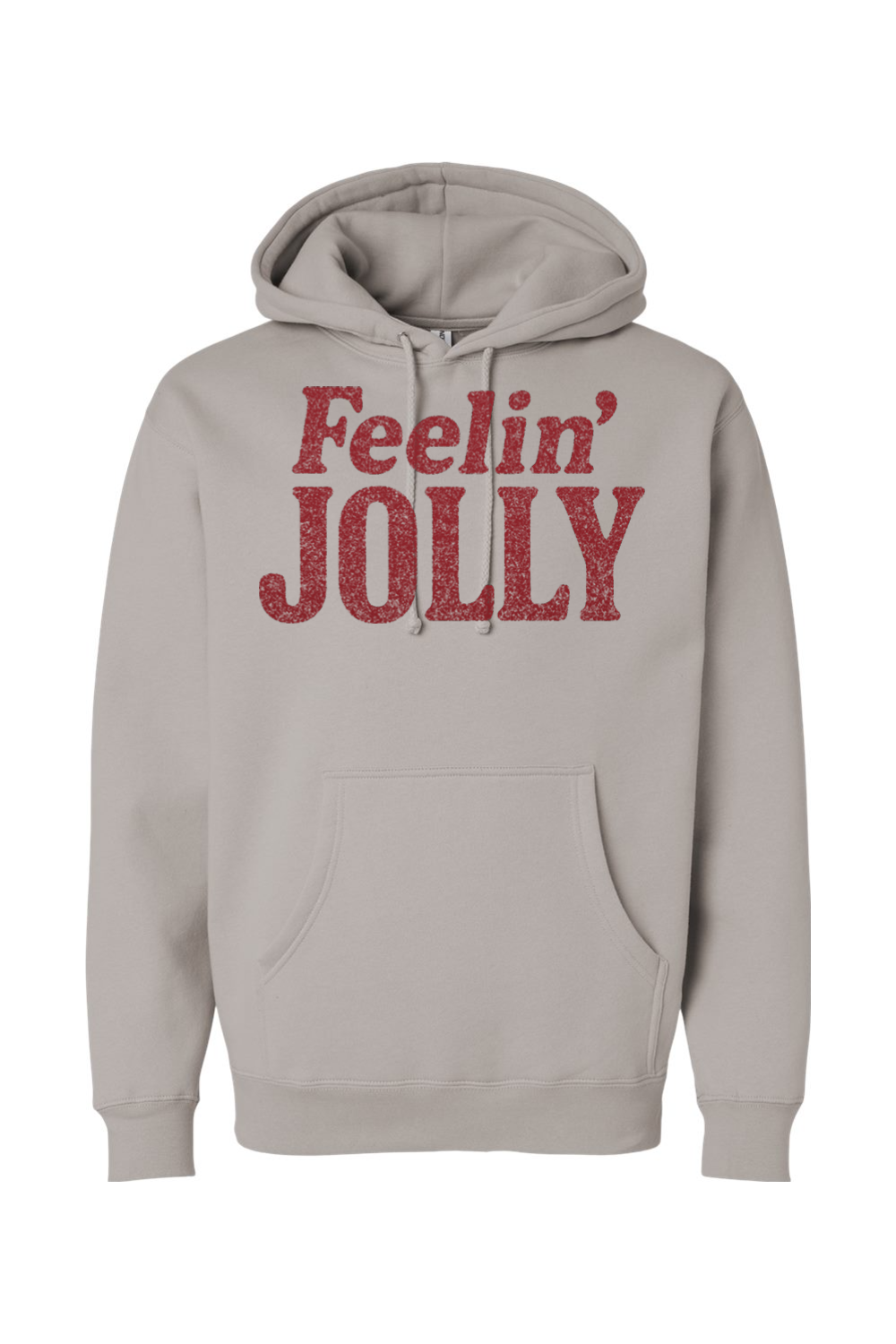 Gray Christmas hoodie with "Feelin' Jolly" text in dark red funny holiday humor long sleeve hooded sweatshirt