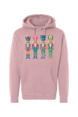 Pink Christmas hoodie with 4 colorful nutcrackers design cute girly festive holiday long sleeve hooded sweatshirt