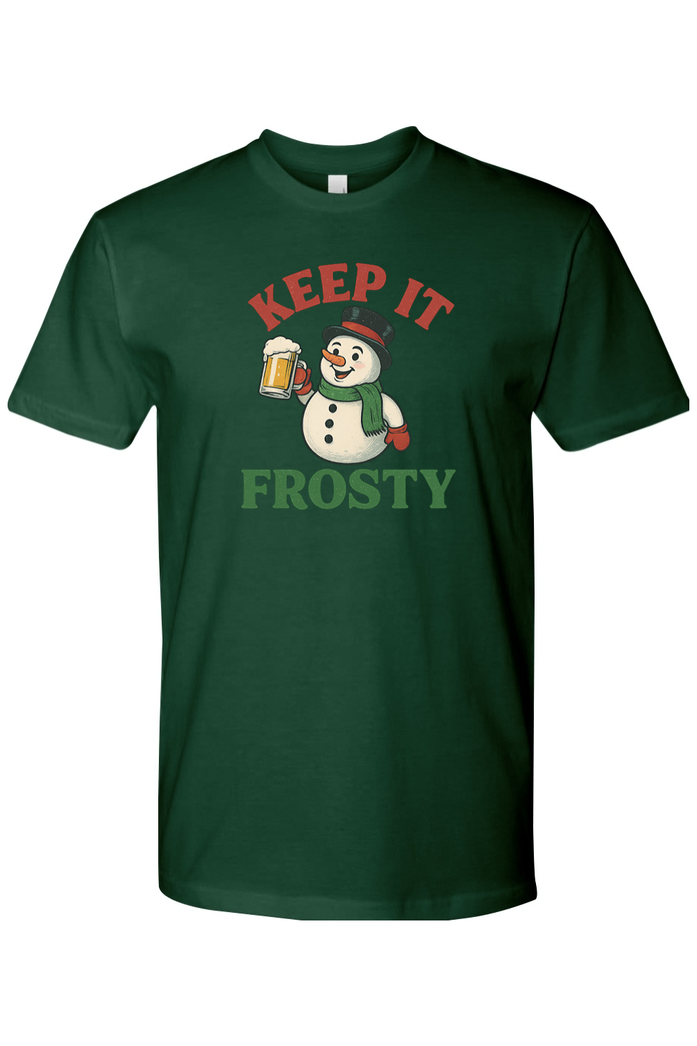 Dark green Christmas T-shirt with "Keep It Frosty" text with a snowman holding a  beer mug funny holiday humor short sleeve shirt