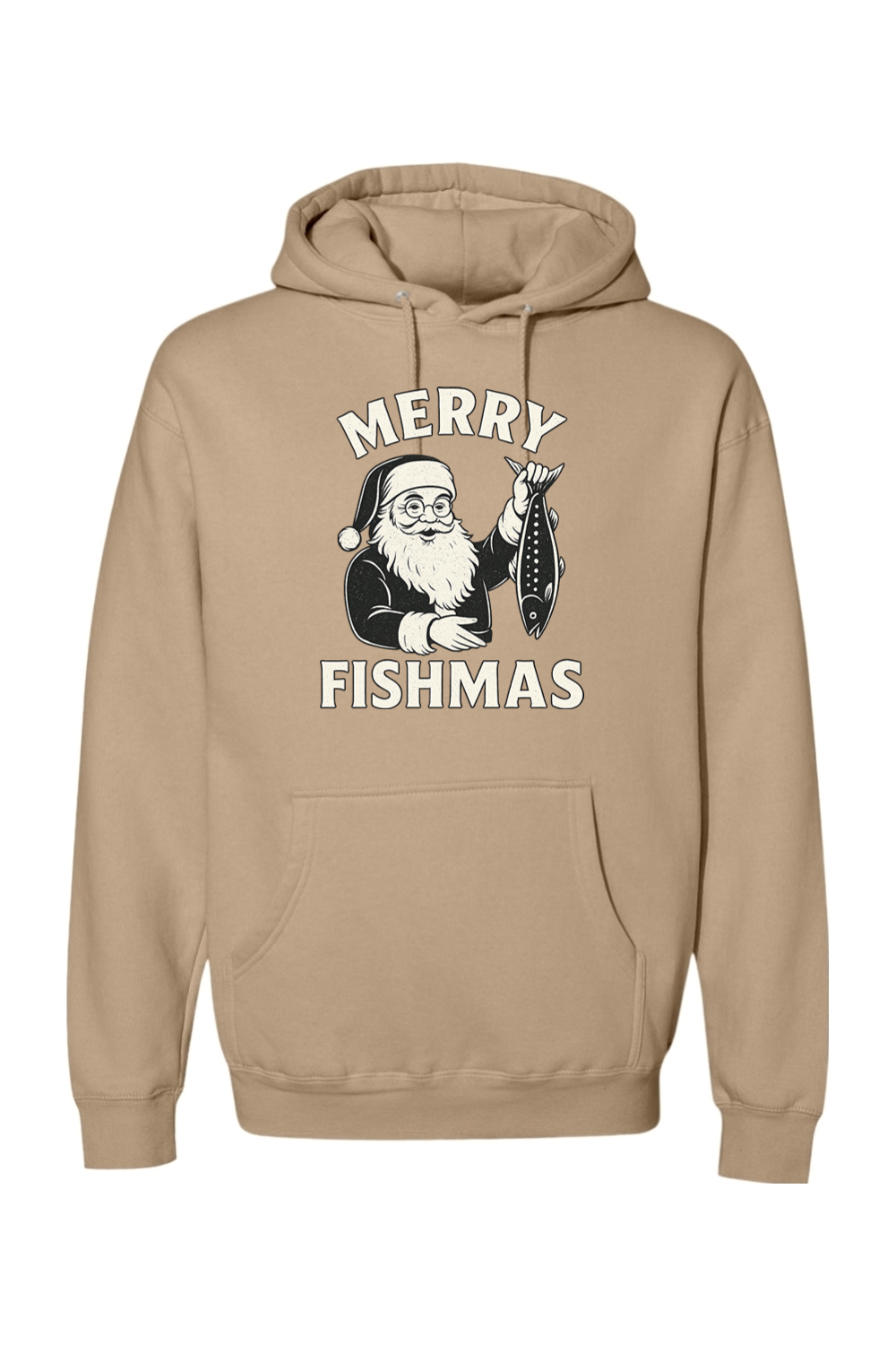 Dark beige Christmas hoodie with "Merry Fishmas" text with Santa holding a fish design funny fishing holiday festive long sleeve hooded sweatshirt