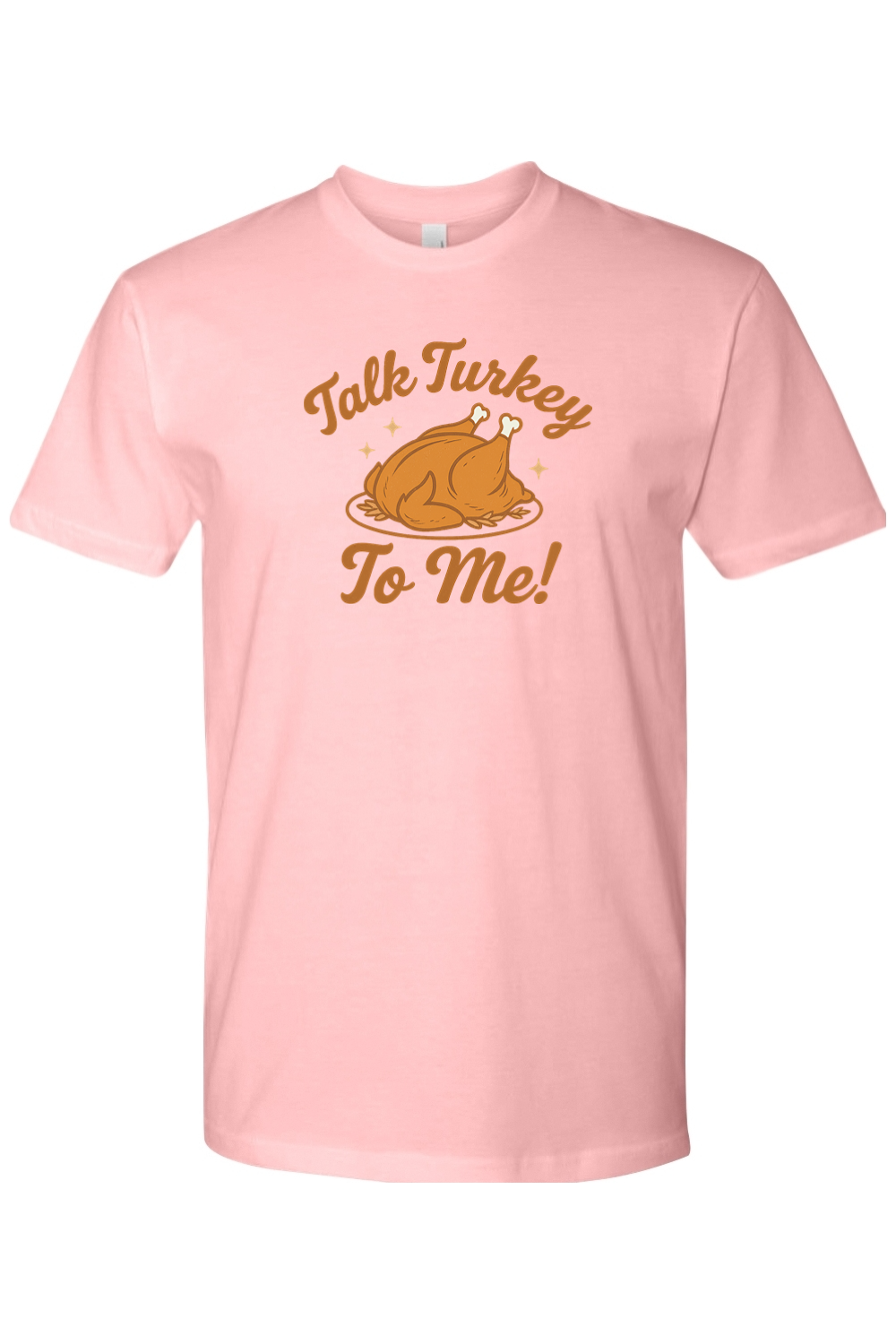 Light pink Christmas t-shirt with "Talk Turkey To Me!" text and a turkey star design funny trendy holiday humor short sleeve shirt