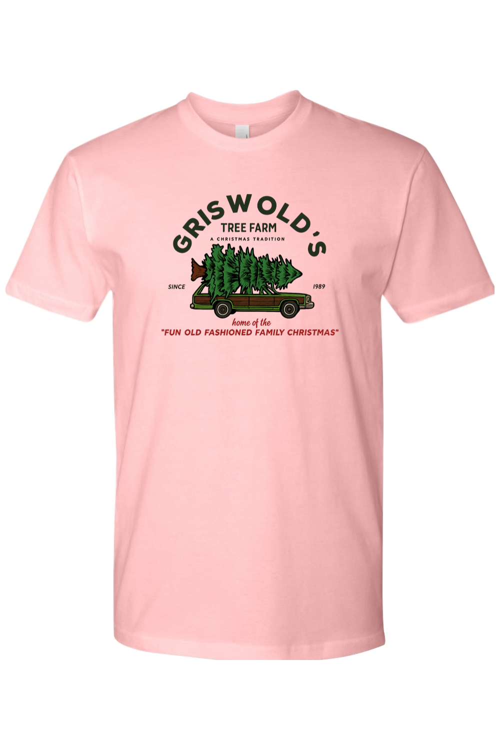 Light pink Christmas t-shirt with "Griswold's Tree Farm A Christmas Tradition Since 1989 Home of the Fun Old Fashioned Family Christmas" text with a Christmas tree strapped onto a car design cool festive holiday short sleeve shirt
