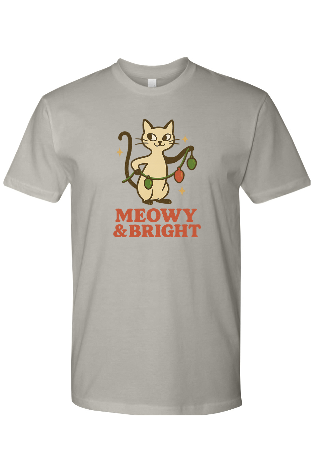 Gray vintage Christmas t-shirt with "Meowy & Bright" text with a cat holding a string of lights design cute funny holiday pet animal humor short sleeve shirt