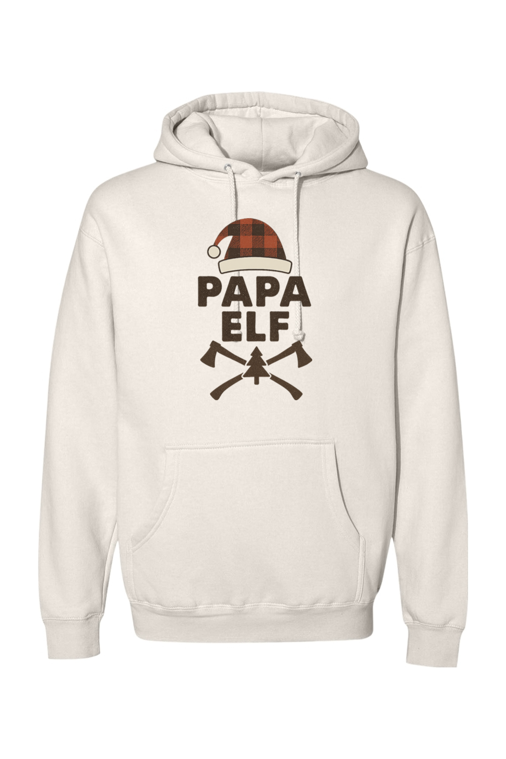 Beige Christmas hoodie with "Papa Elf" text with a plaid elf hat and pine tree and axe design festive men's holiday long sleeve hooded sweatshirt