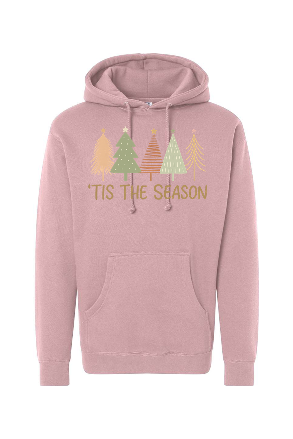 Pink Christmas hoodie with "'Tis the Season" text and pastel colored Christmas trees design cute trendy festive holiday long sleeve hooded sweatshirt