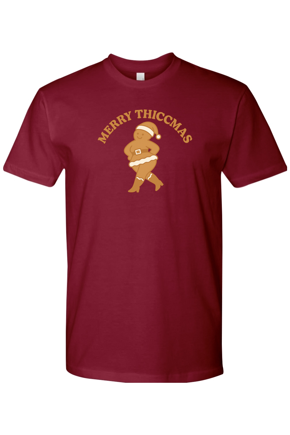 Burgundy Christmas t-shirt with "Merry Thiccmas" text and a curvy gingerbread woman design funny humor edgy holiday festive short sleeve shirt