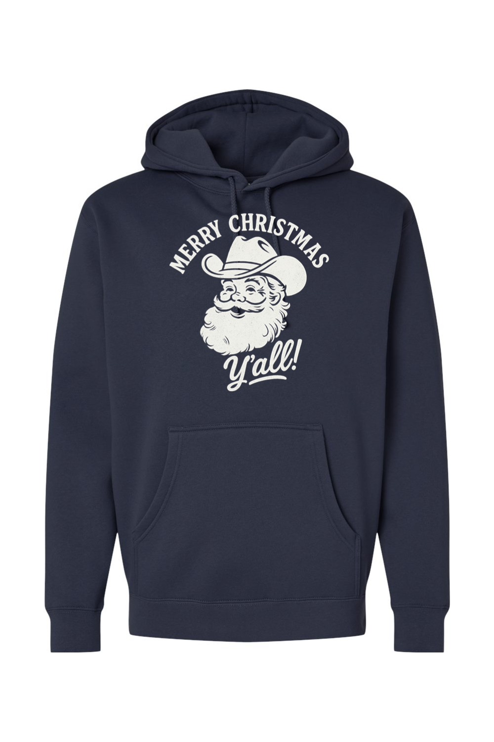 Navy blue Christmas hoodie with "Merry Christmas Y'all!" text in white with Santa wearing a cowboy hat design funny western holiday long sleeve hooded sweatshirt