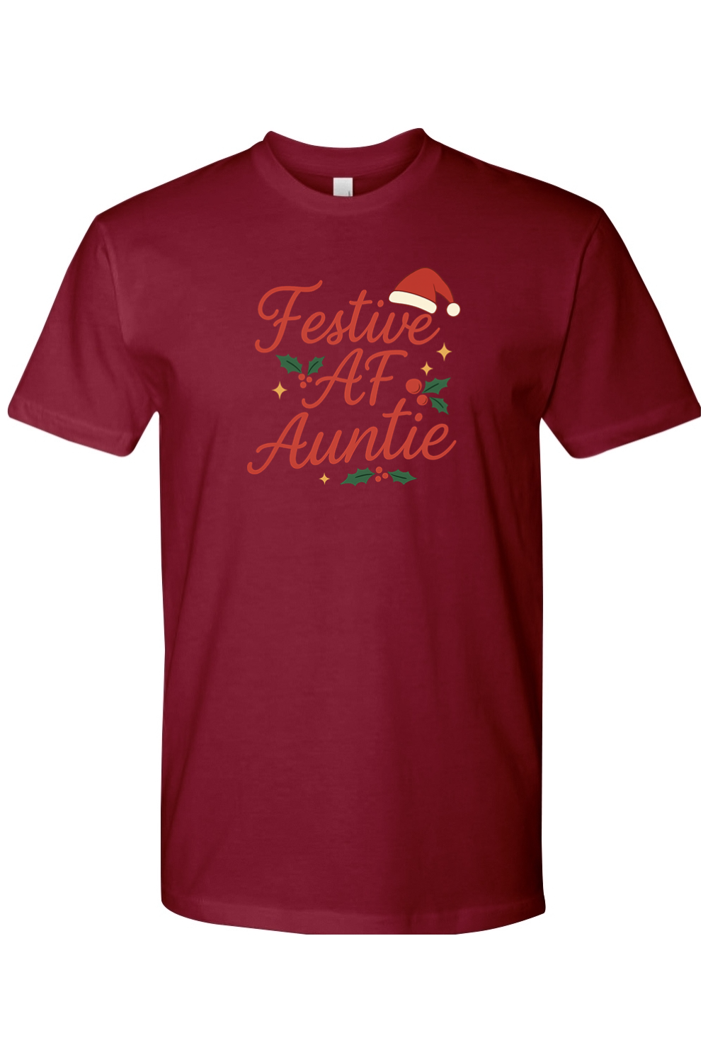 Burgundy Christmas t-shirt with "Festive AF Auntie" text in red with a Santa hat, stars, and holly design funny aunt holiday short sleeve shirt