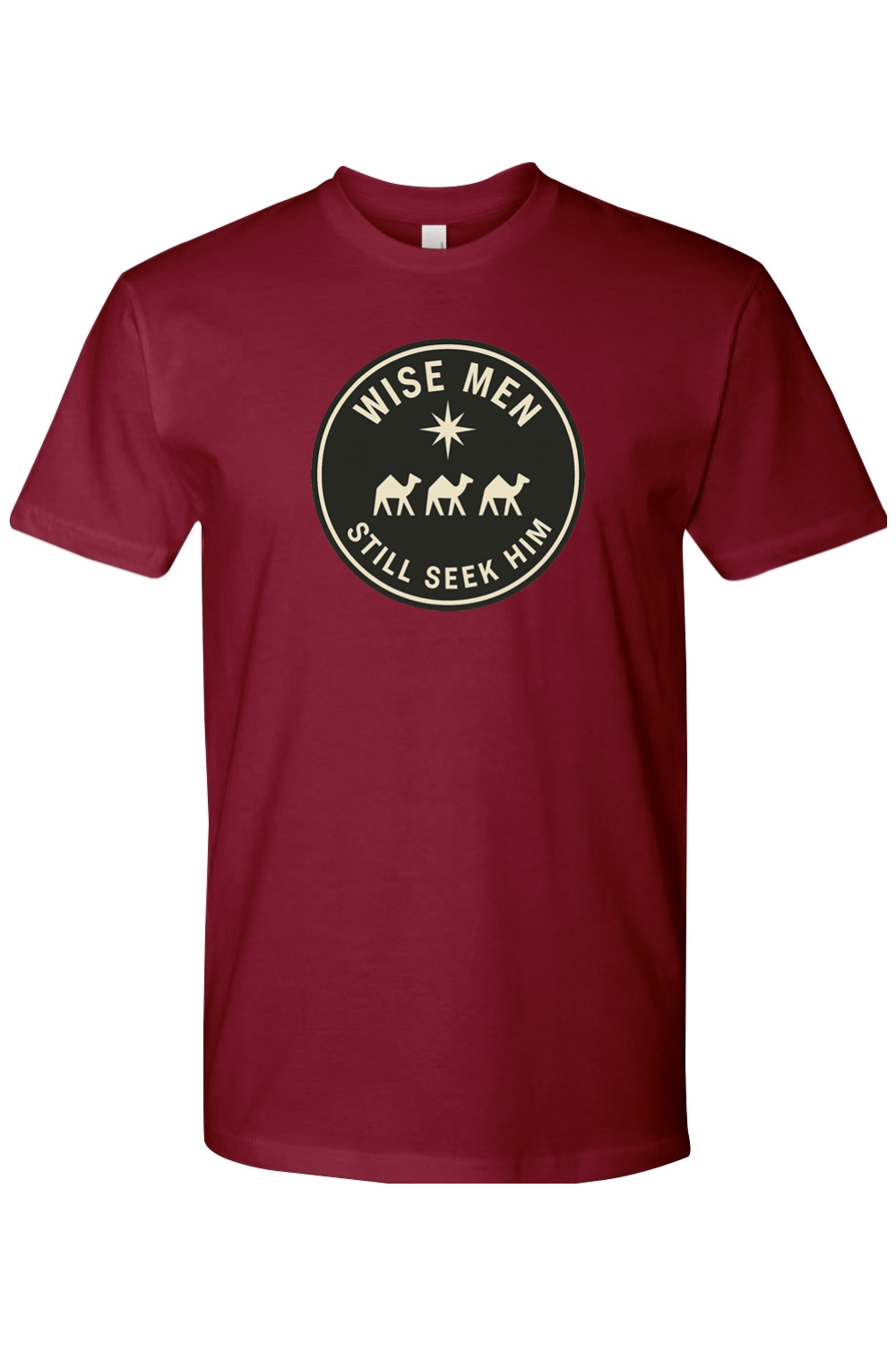 Burgundy religious Christmas t-shirt with "Wise Men Still Seek Him" with three camels and a star design Jesus God Christian holiday short sleeve shirt