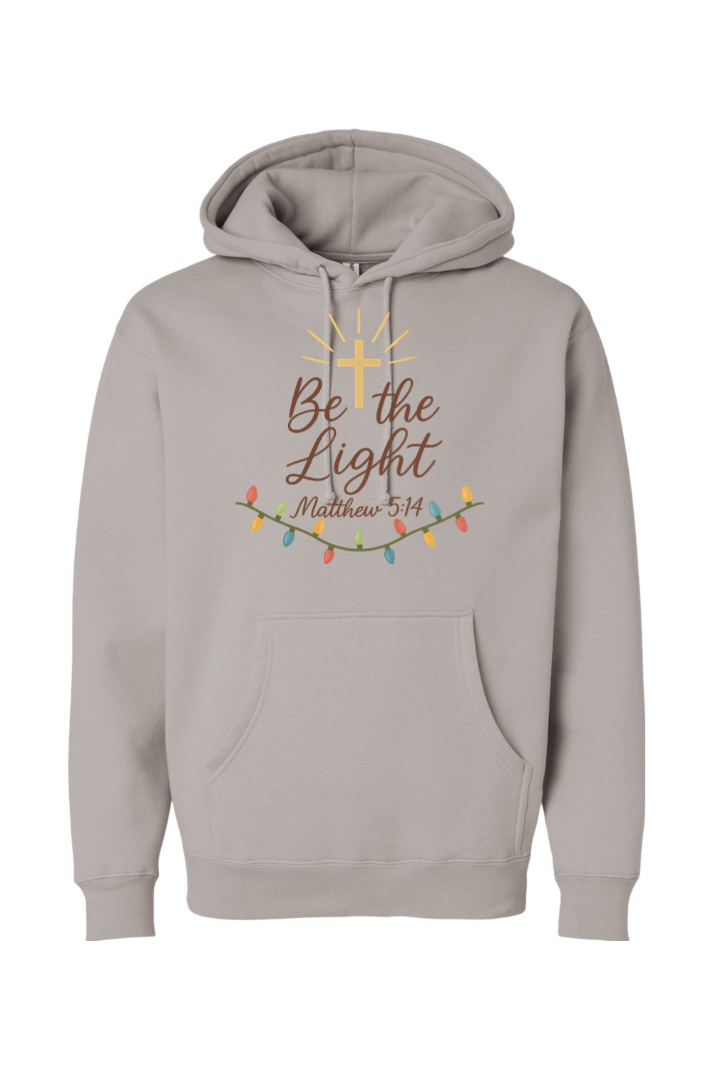 Dark gray Christmas hoodie with "Be the Light Matthew 5:14" text and a cross Christmas lights design cute trendy religious God Jesus Christian holiday long sleeve hooded sweatshirt