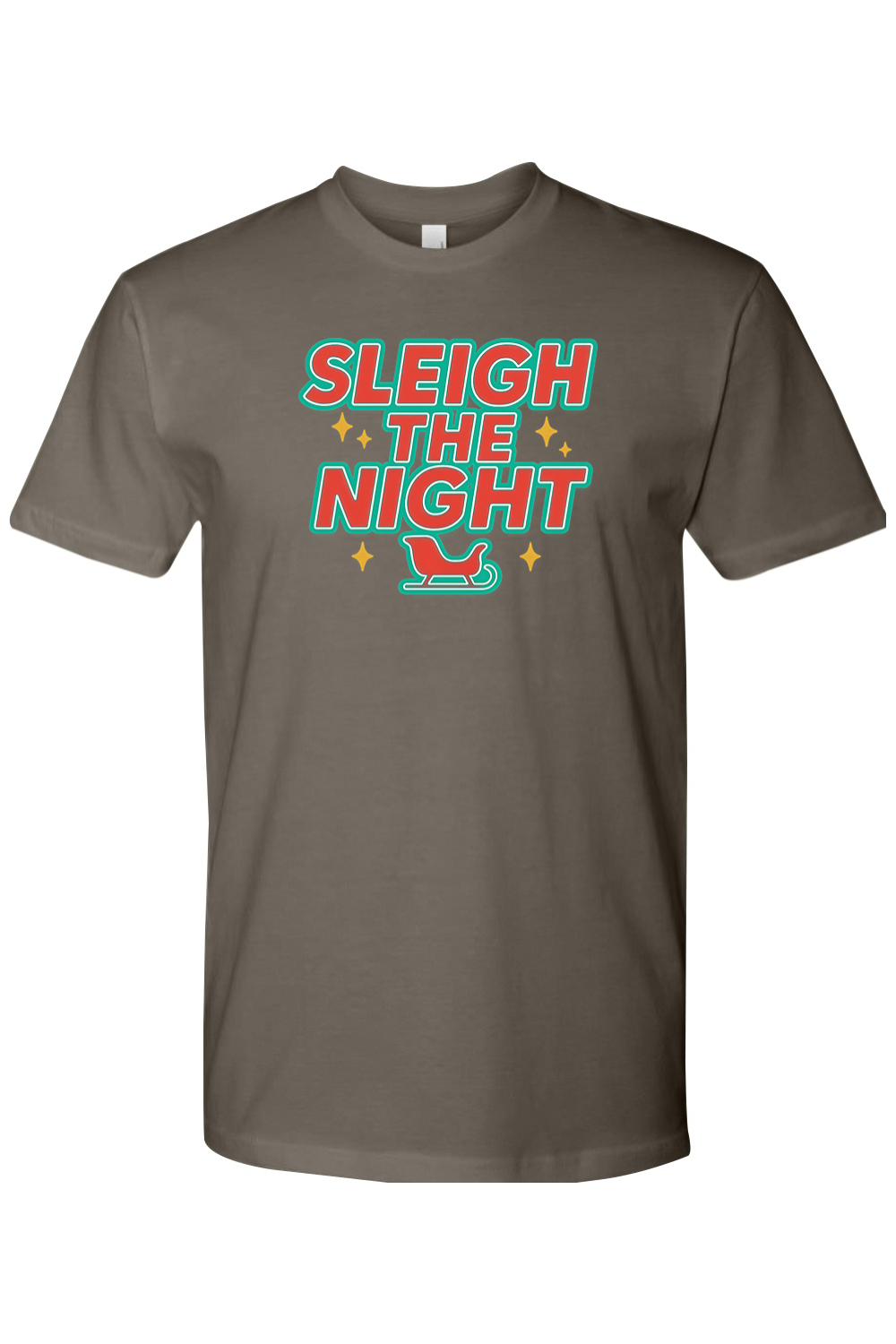 Gray vintage Christmas t-shirt with "Sleigh the Night" text with stars and sleigh design retro trendy holiday short sleeve shirt