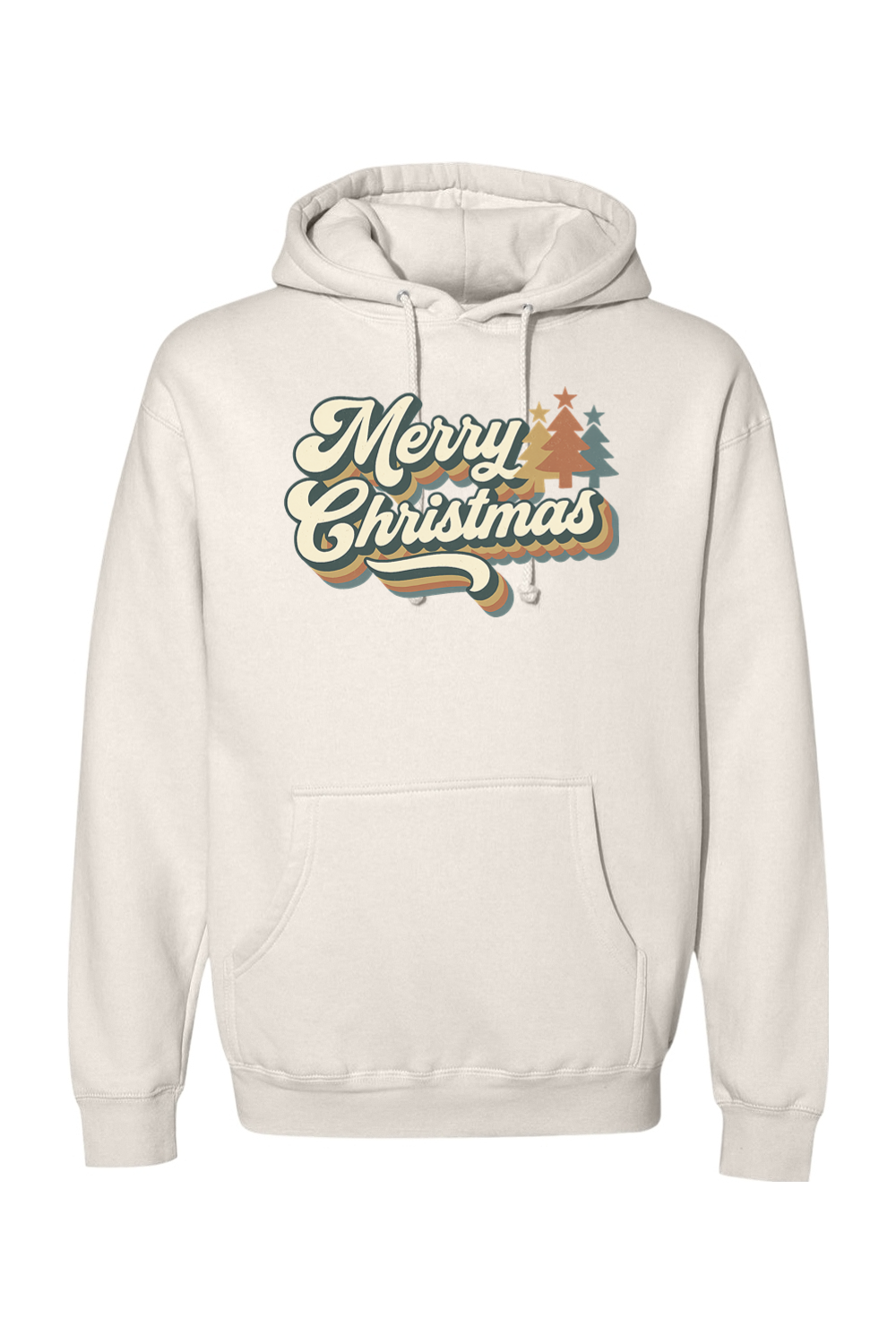 Beige Christmas hoodie with "Merry Christmas" text in retro bubble font and Christmas trees design cute trendy festive holiday long sleeve hooded sweatshirt