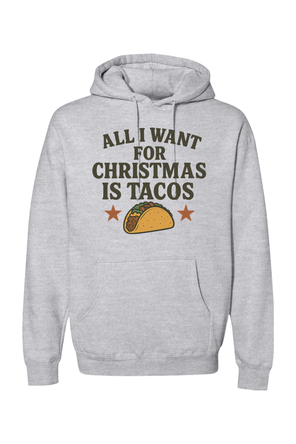 Heather gray Christmas hoodie with "All I Want for Christmas is Tacos" text with taco and stars design funny humor festive holiday long sleeve hooded sweatshirt