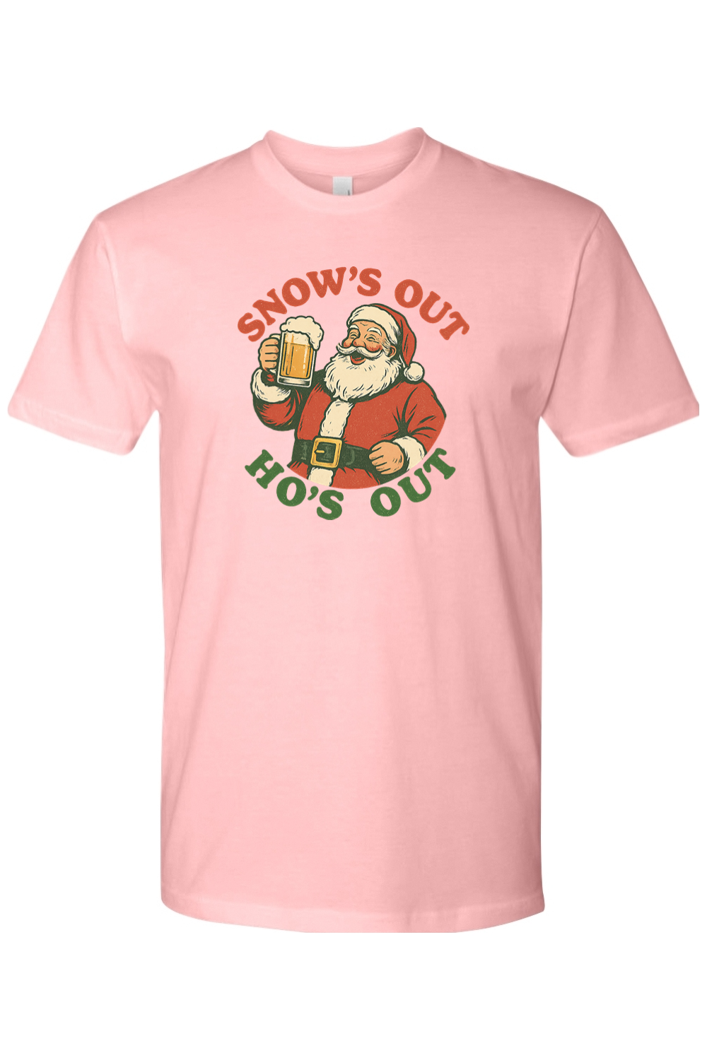 Light pink Christmas t-shirt with "Snow's Out Ho's Out" text with Santa holding a beer mug design funny holiday humor short sleeve shirt