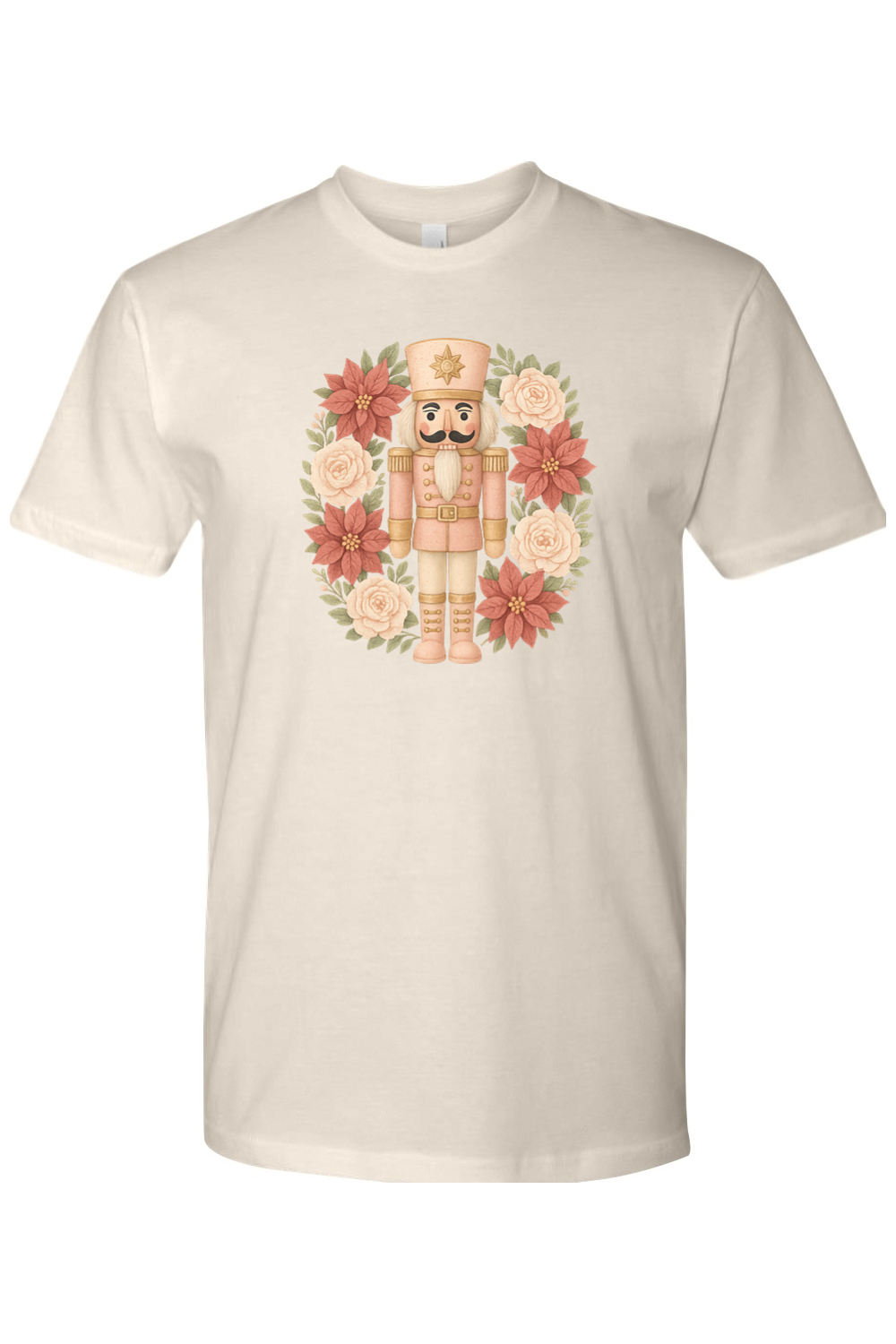 Beige Christmas t-shirt with a poinsettia nutcracker wreath design trendy cute holiday short sleeve shirt