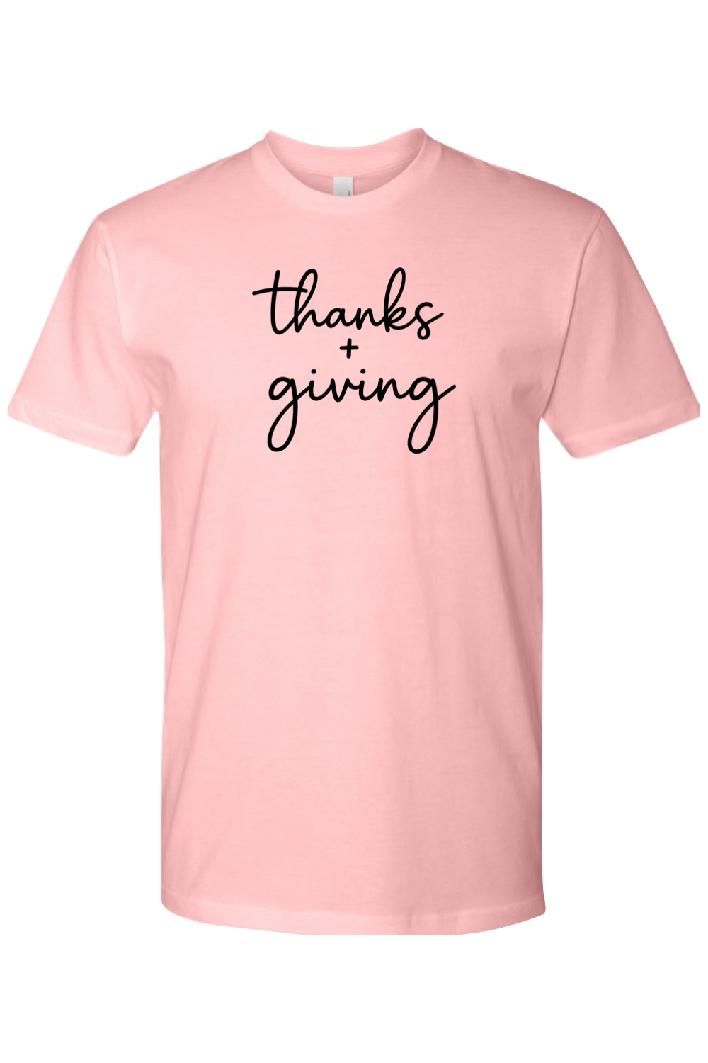 Light pink Thanksgiving t-shirt with "thanks + giving" text in black cute trendy fall holiday short sleeve shirt
