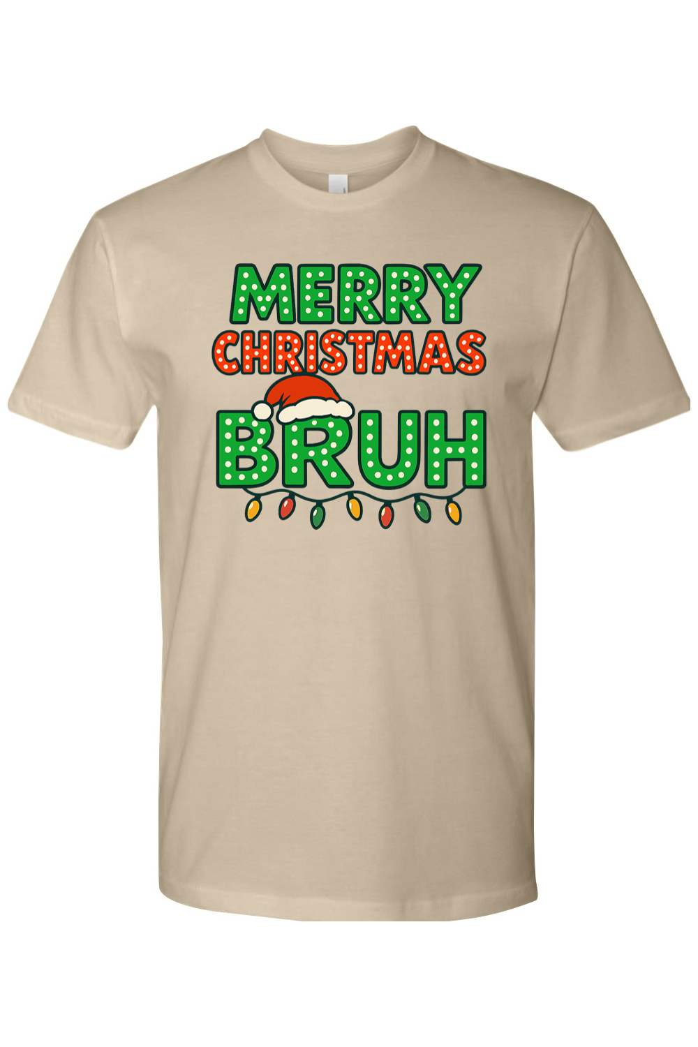 Beige Christmas t-shirt with "Merry Christmas Bruh" text with a Santa hat and Christmas lights design funny holiday humor short sleeve shirt