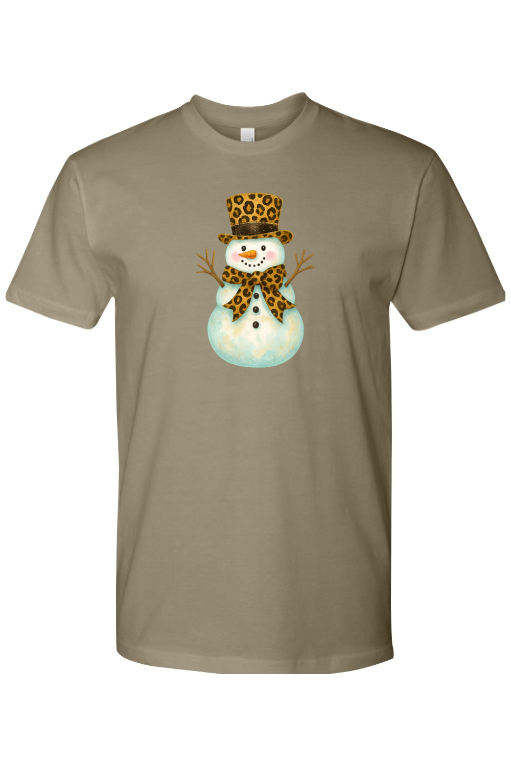 Olive green Christmas shirt with a snowman in a leopard print bow and leopard print top hat design cute girly festive holiday short sleeve shirt