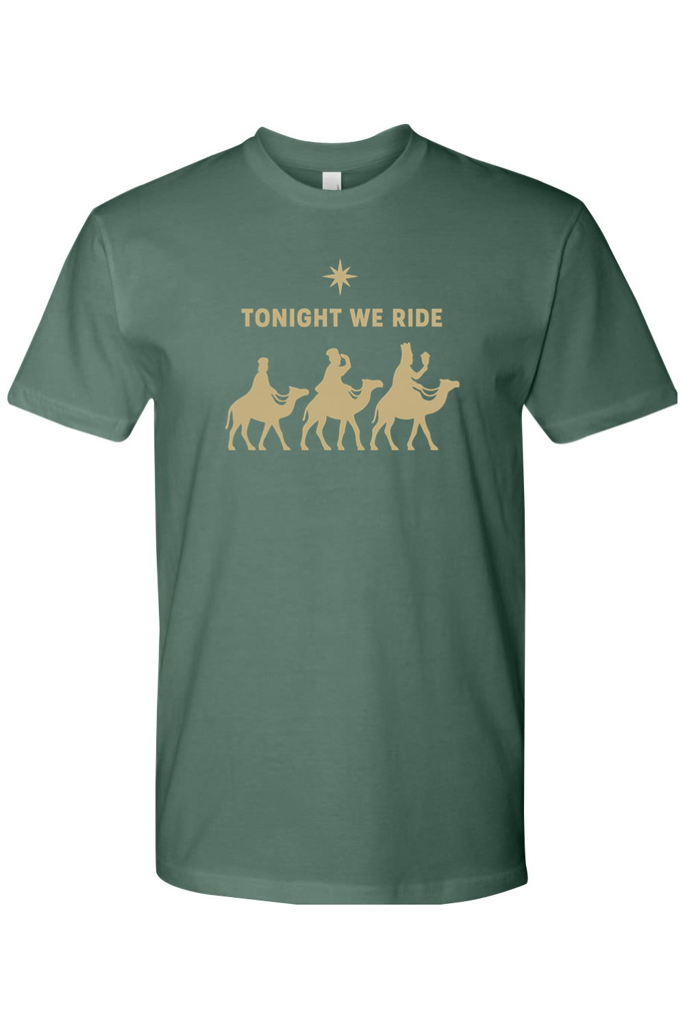 Pine green religious Christmas t-shirt with "Tonight We Ride" text and three wise men riding camels and a star design Jesus God Christian holiday short sleeve shirt